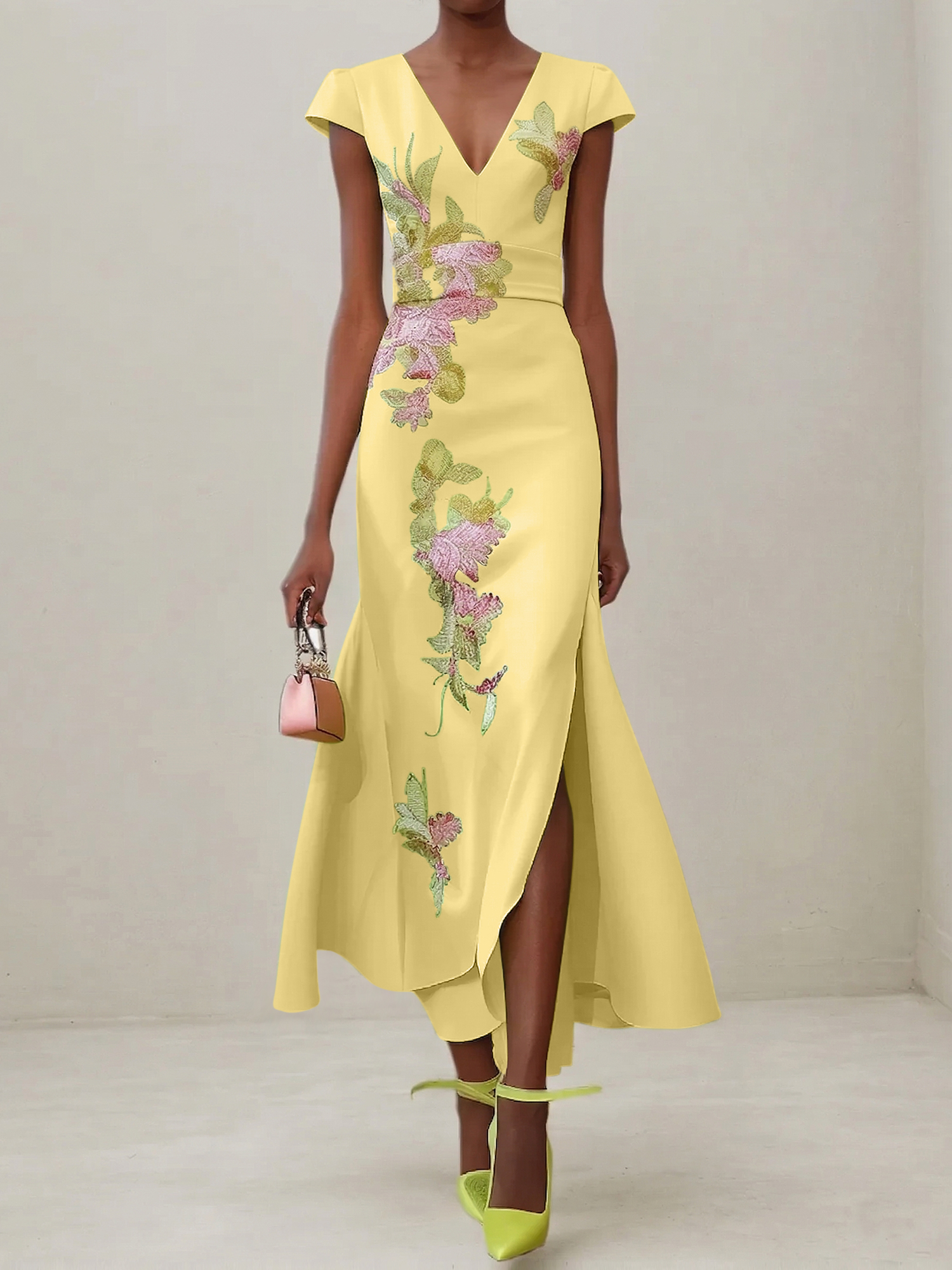 Elegant V-Neck Cap Sleeve Satin Midi Gown with Floral Embroidery & High Slit