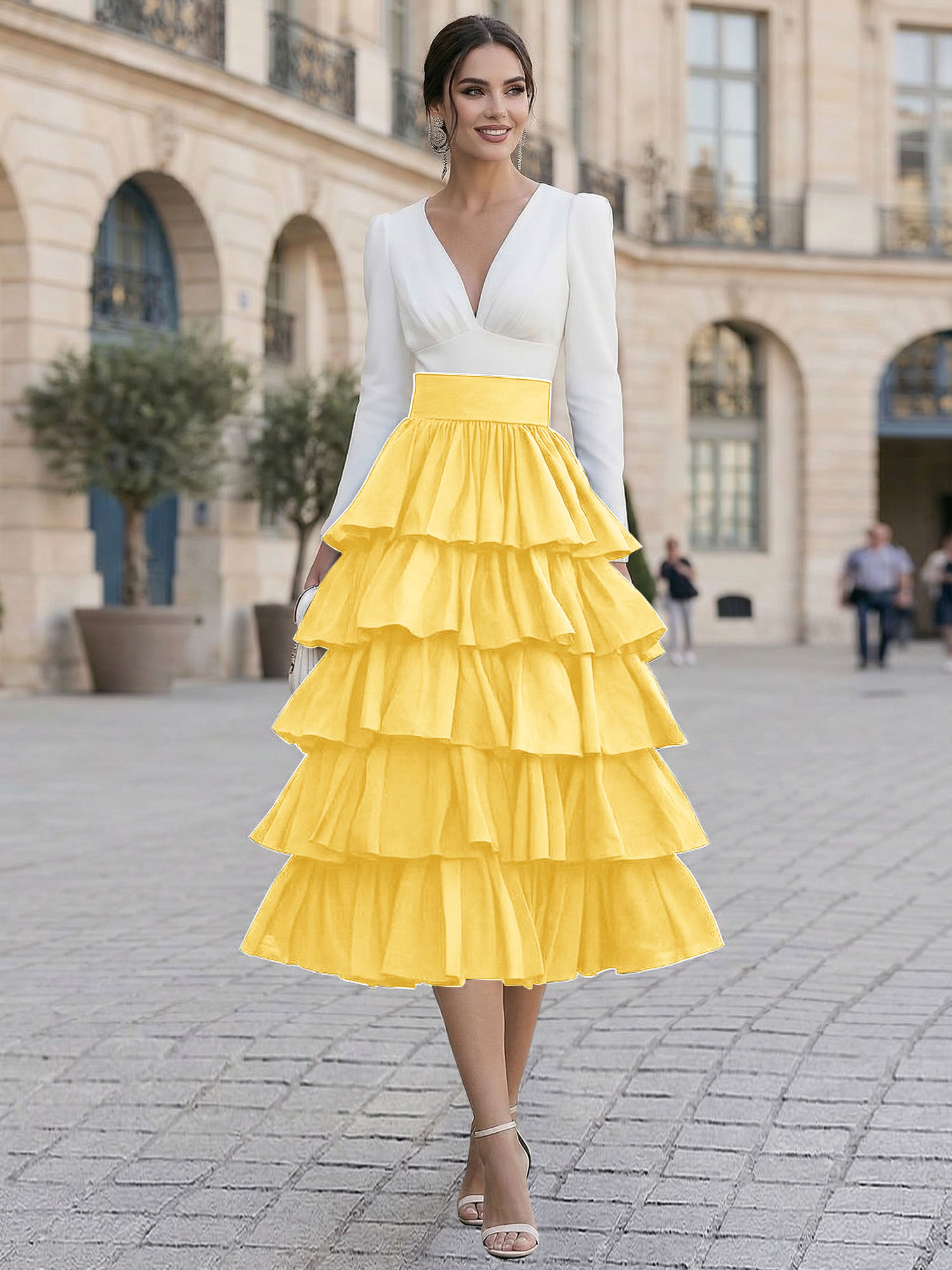 Elegant V-Neck Long Sleeve Tiered Ruffle Midi Dress with Contrast Waistband
