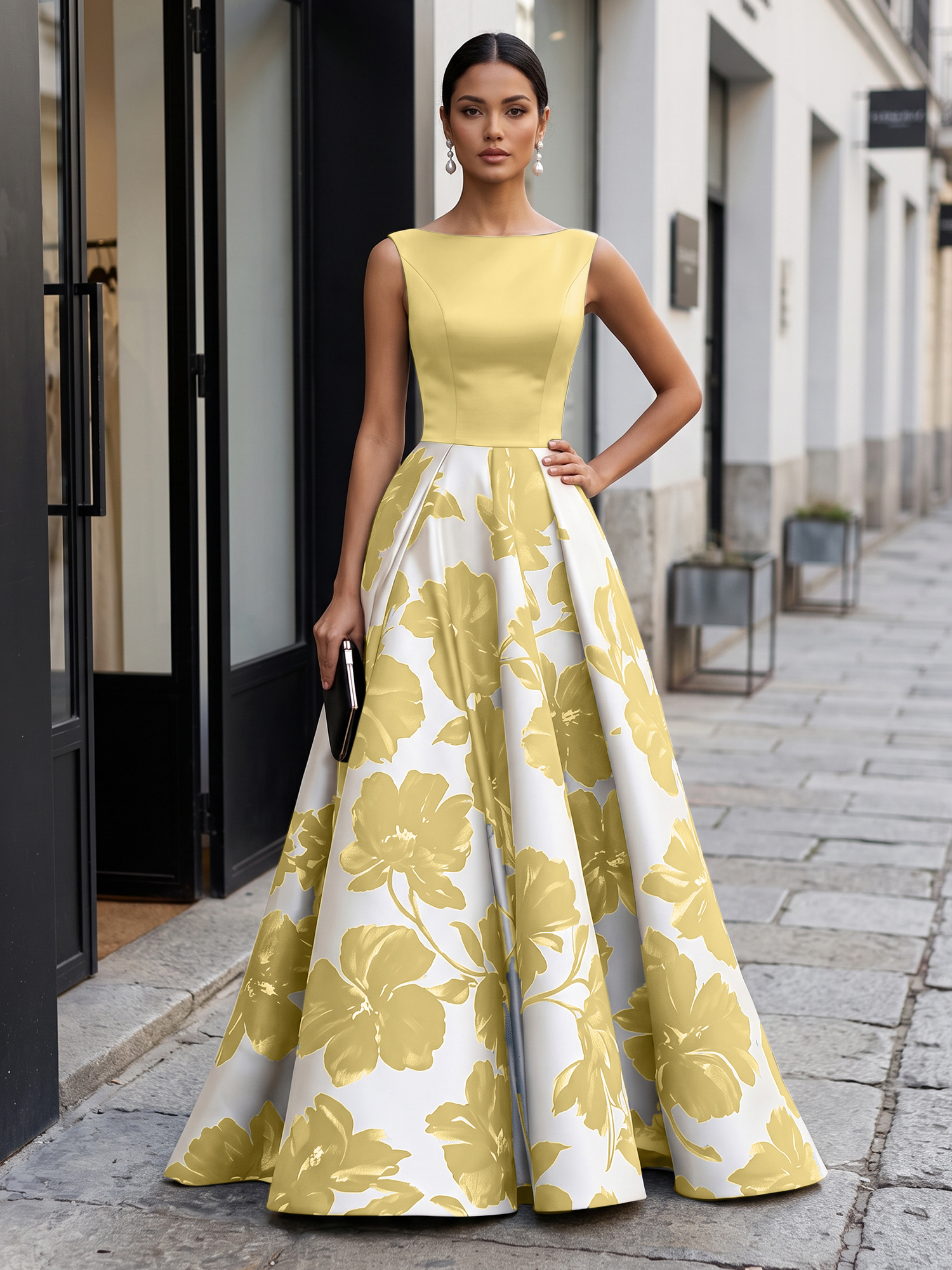 Black Timeless Monochrome Floral Statement Formal Evening Dress
