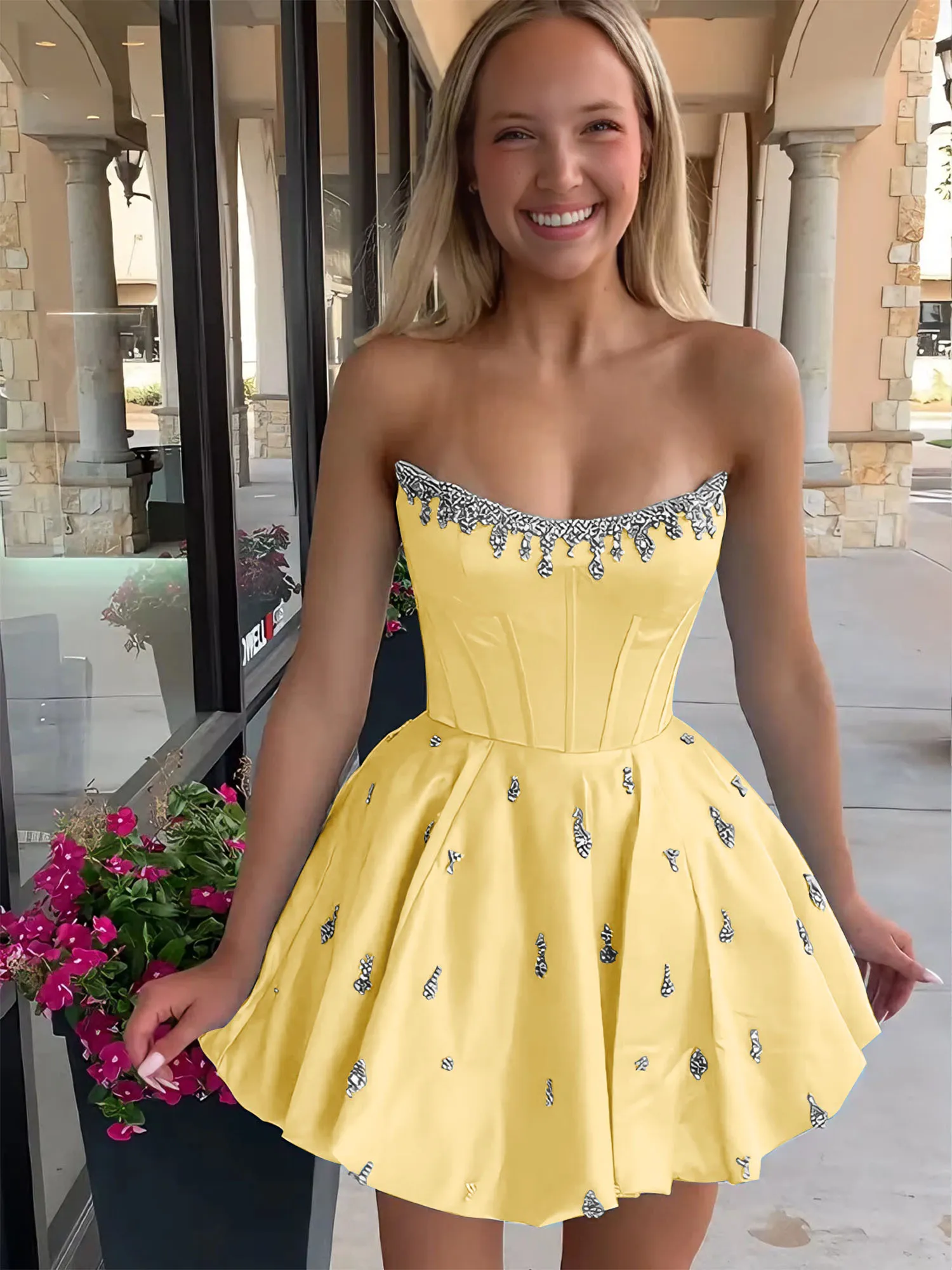 Strapless Beaded Corset Lace-Up Back Satin Homecoming Dress