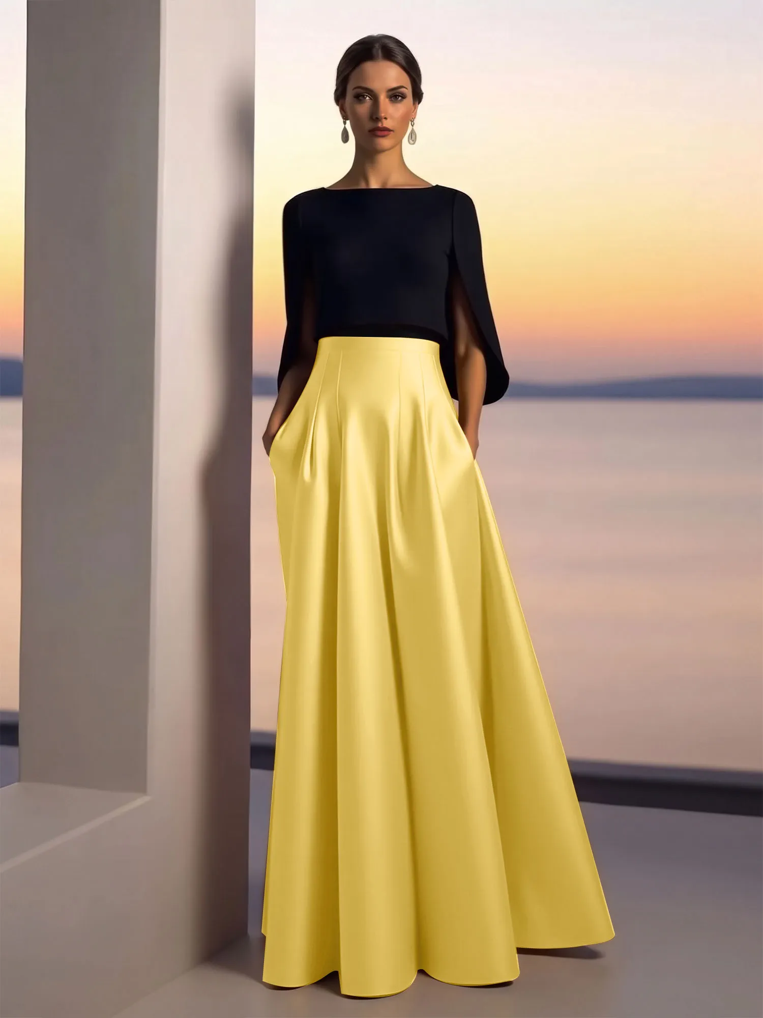 Two-Piece Cape Sleeve Satin Ball Gown Evening Dress
