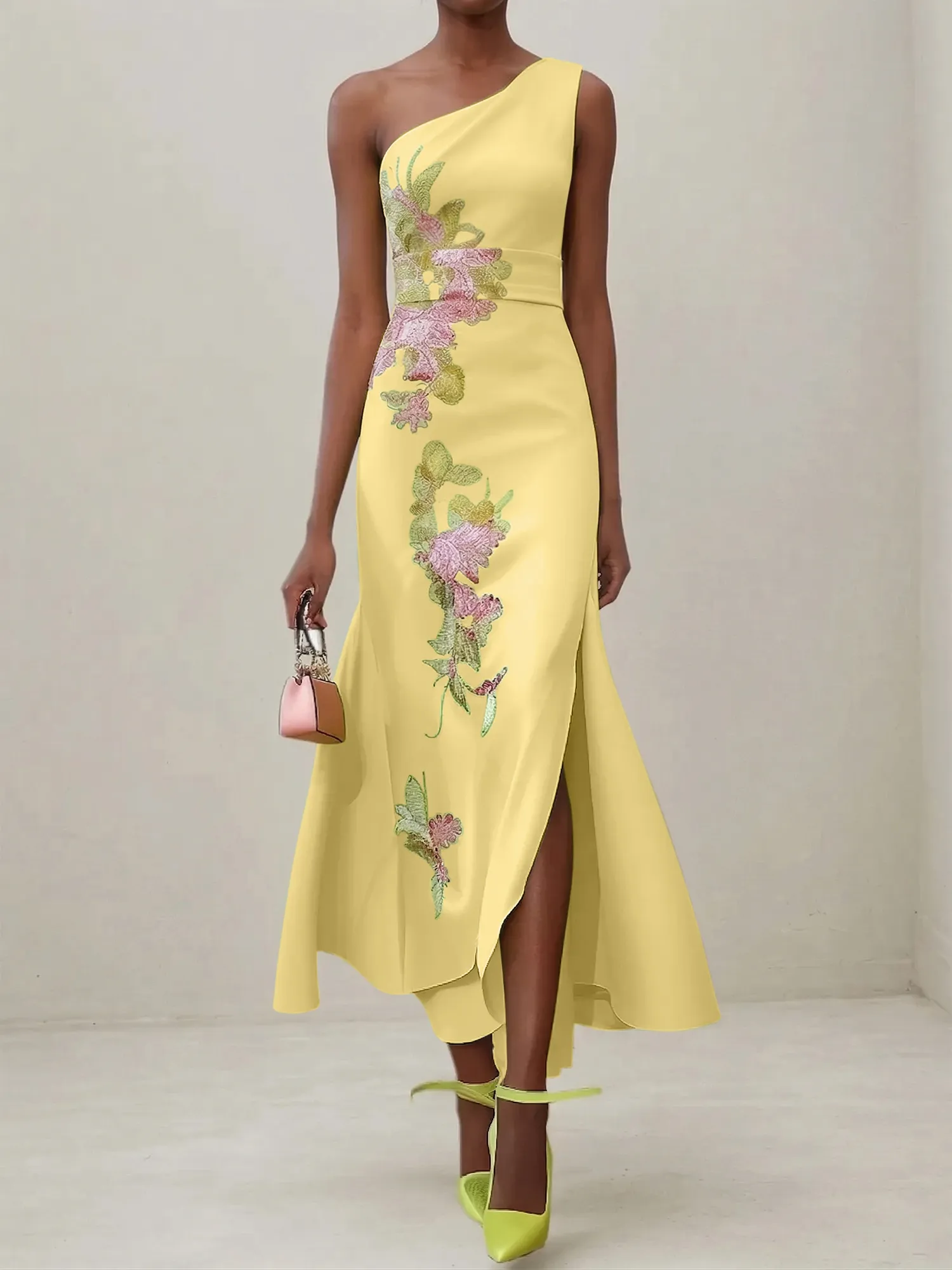 Elegant One Shoulder Cap Sleeve Satin Midi Gown with Floral Embroidery & High Slit