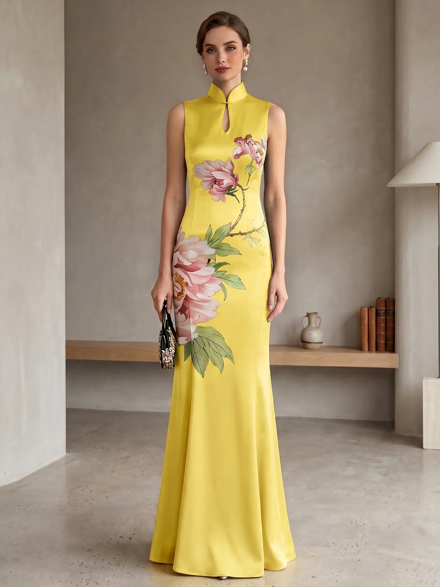 Satin Qipao-Inspired Floral Mermaid Evening Gown