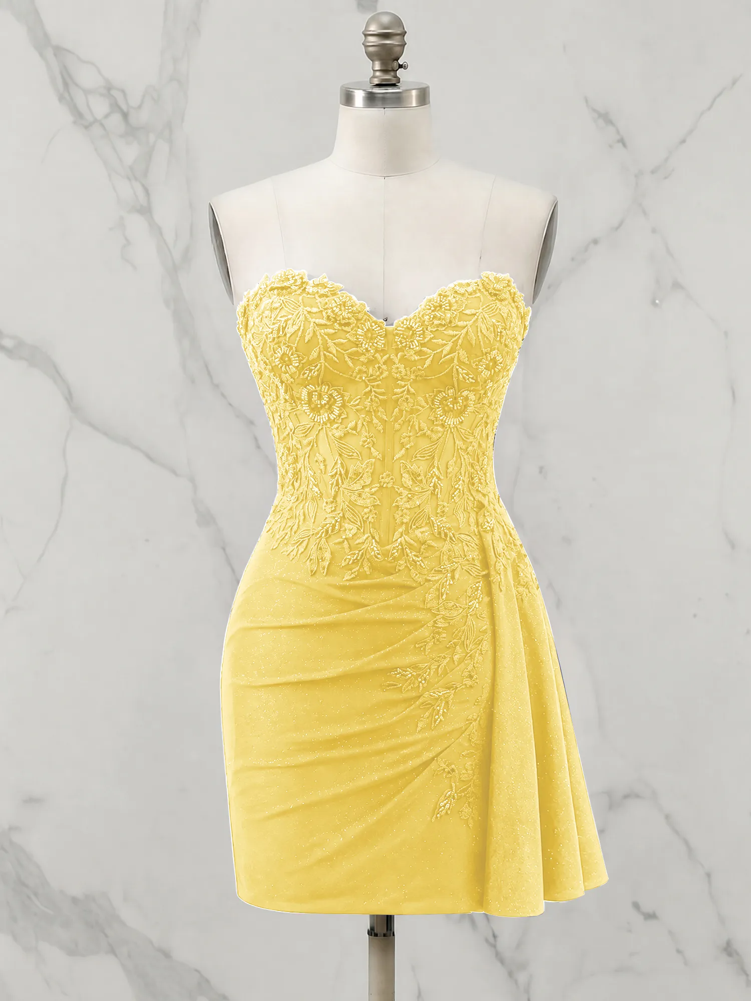 Strapless Lace Appliqué Glitter Homecoming Dress with Side Drape