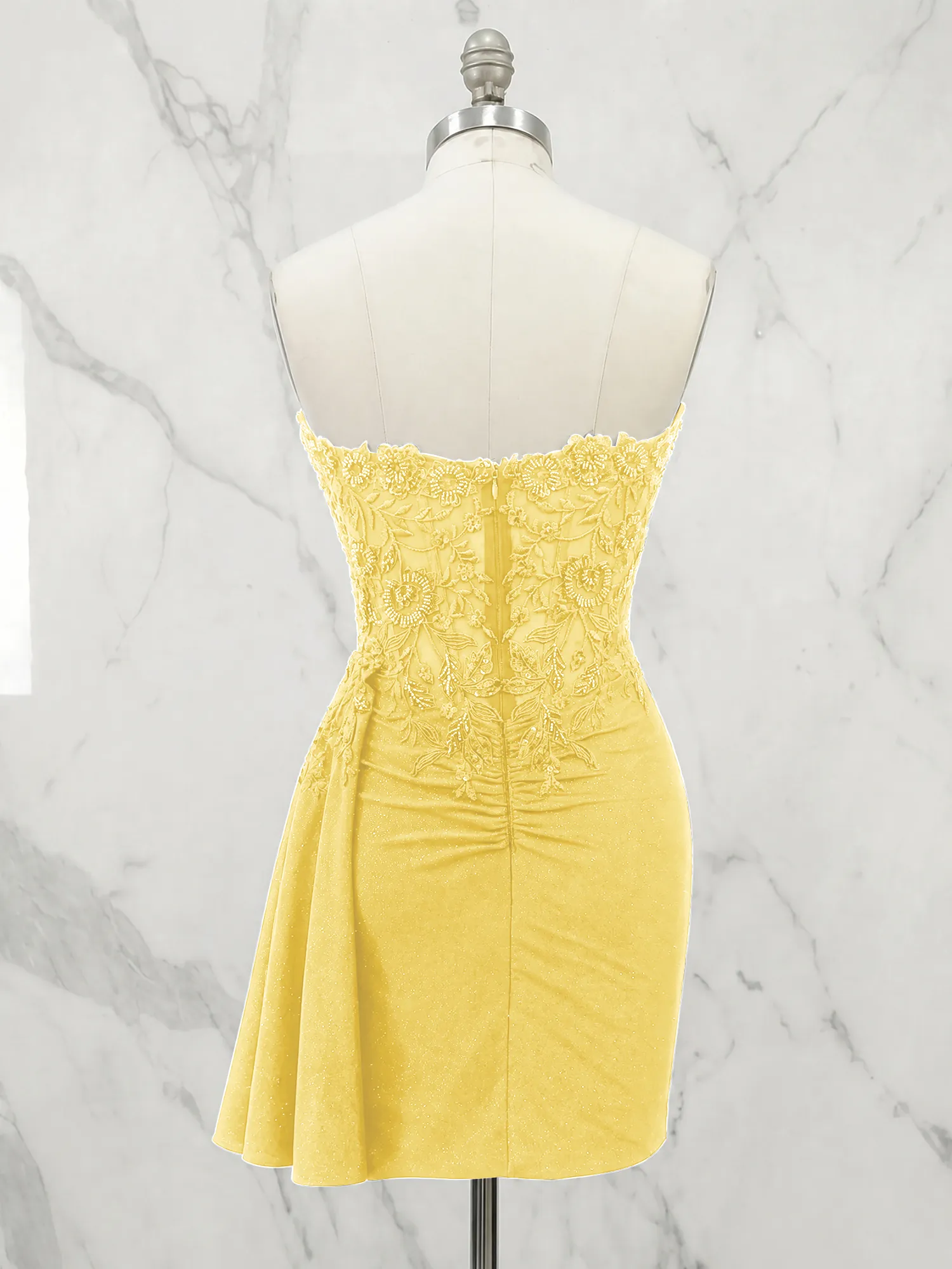 Strapless Lace Appliqué Glitter Homecoming Dress with Side Drape
