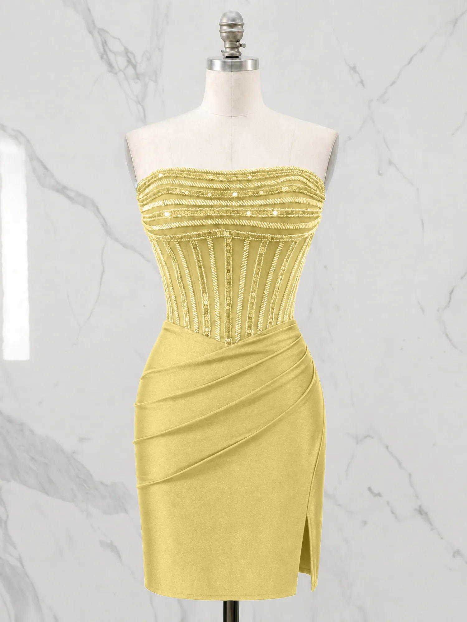 Strapless Beaded Corset Homecoming Dress with Ruched Skirt