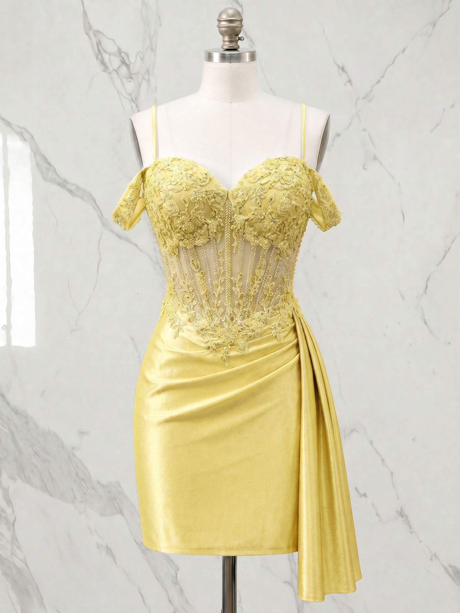Off-the-Shoulder Lace Corset Homecoming Dress with Side Drape