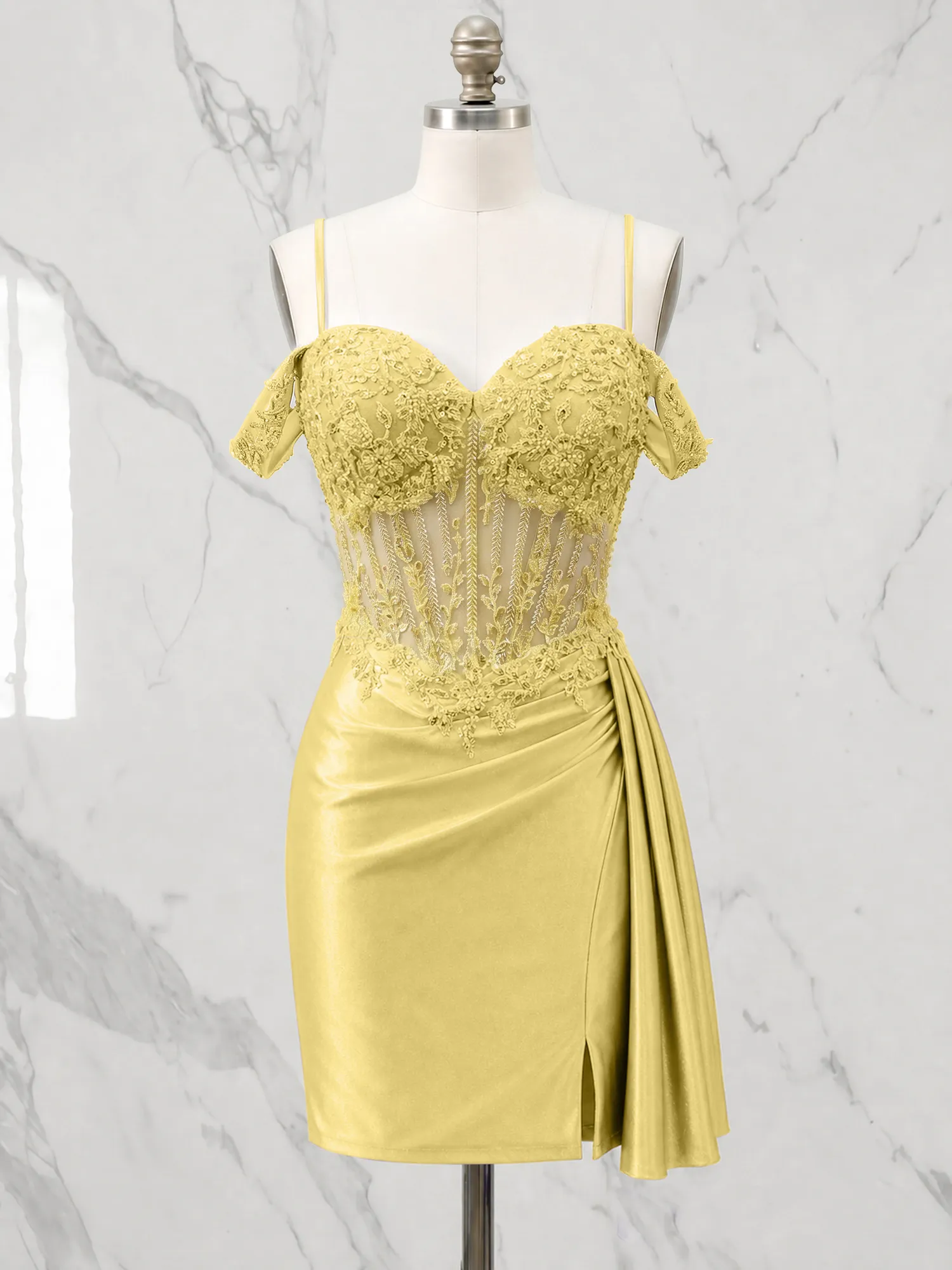 Off-the-Shoulder Lace Corset Homecoming Dress with Draped Skirt