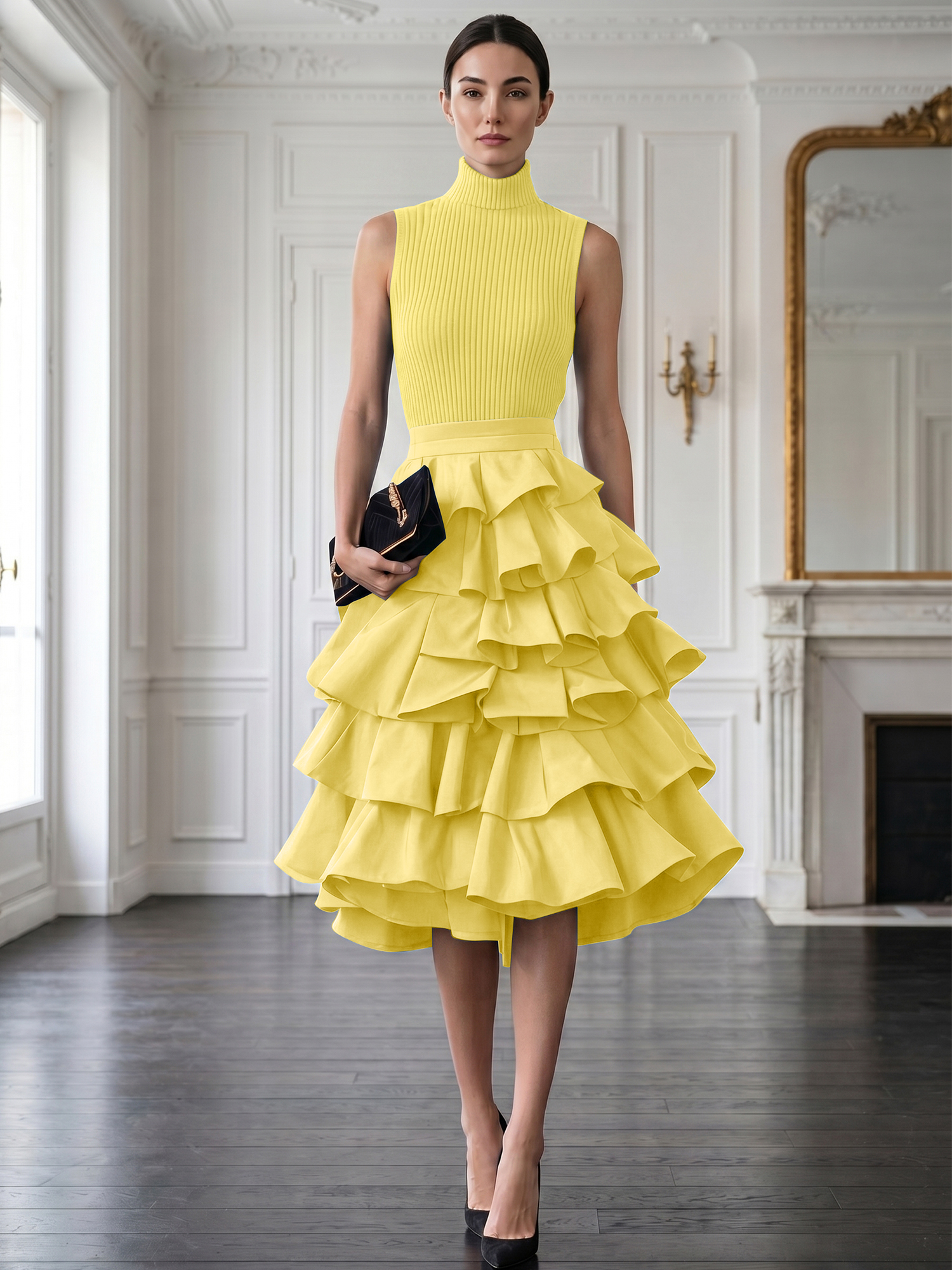 Avant-Garde Black High-Neck Tiered Ruffled Evening Gown