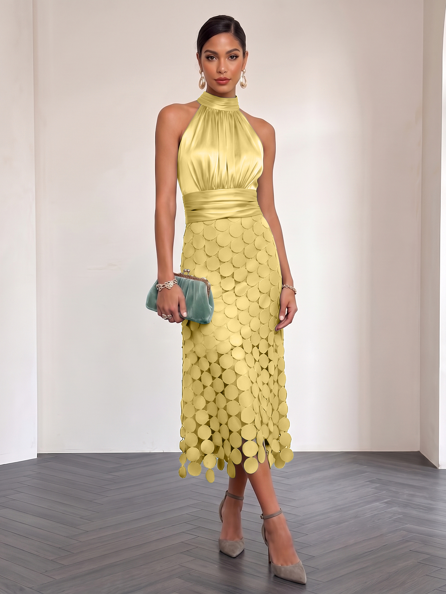 Ice Blue Satin Halter Circle Motif Midi Formal Evening Gown