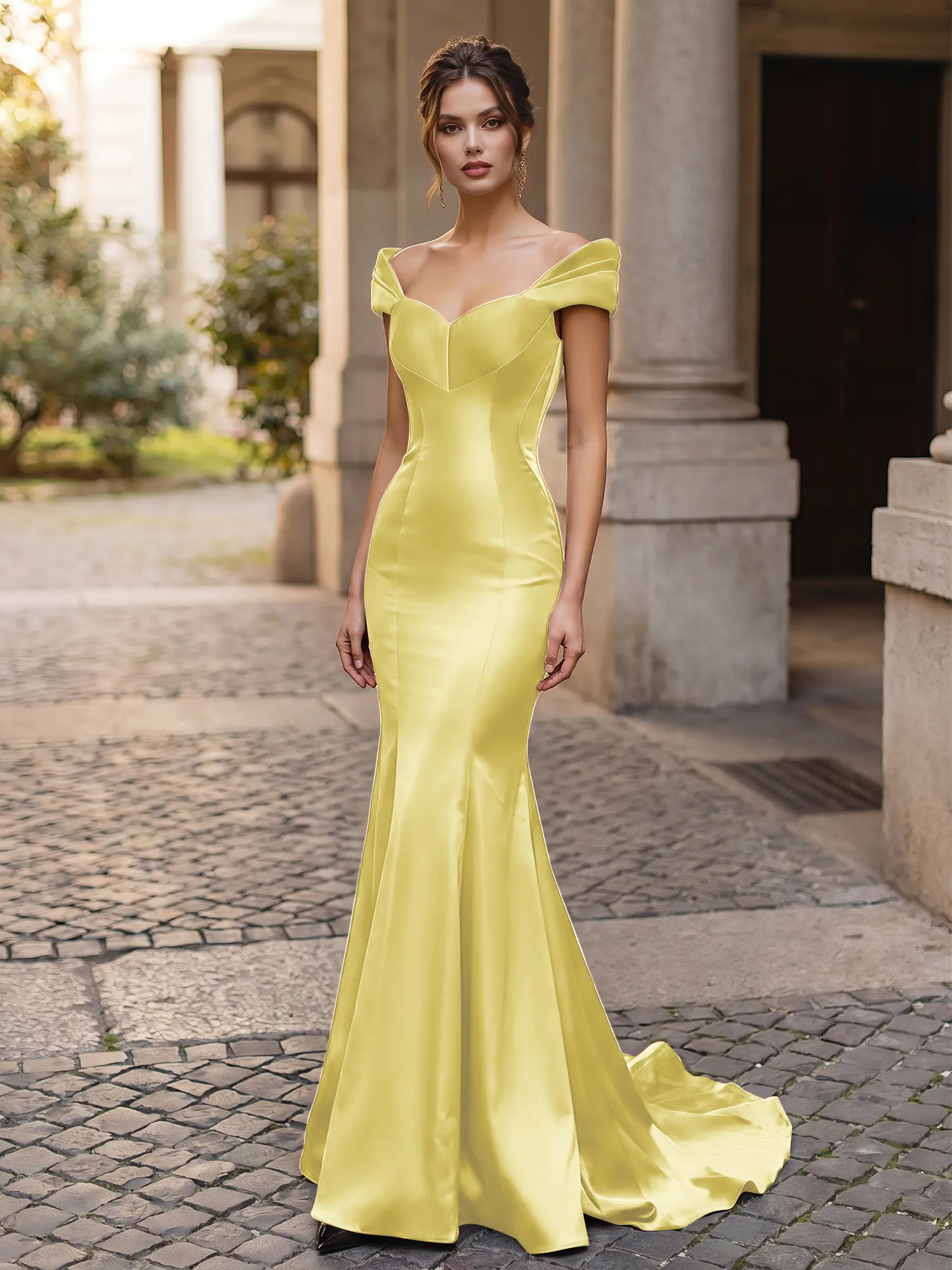Off-the-Shoulder Sweetheart Lace-Up Back Satin Mermaid Prom Dress