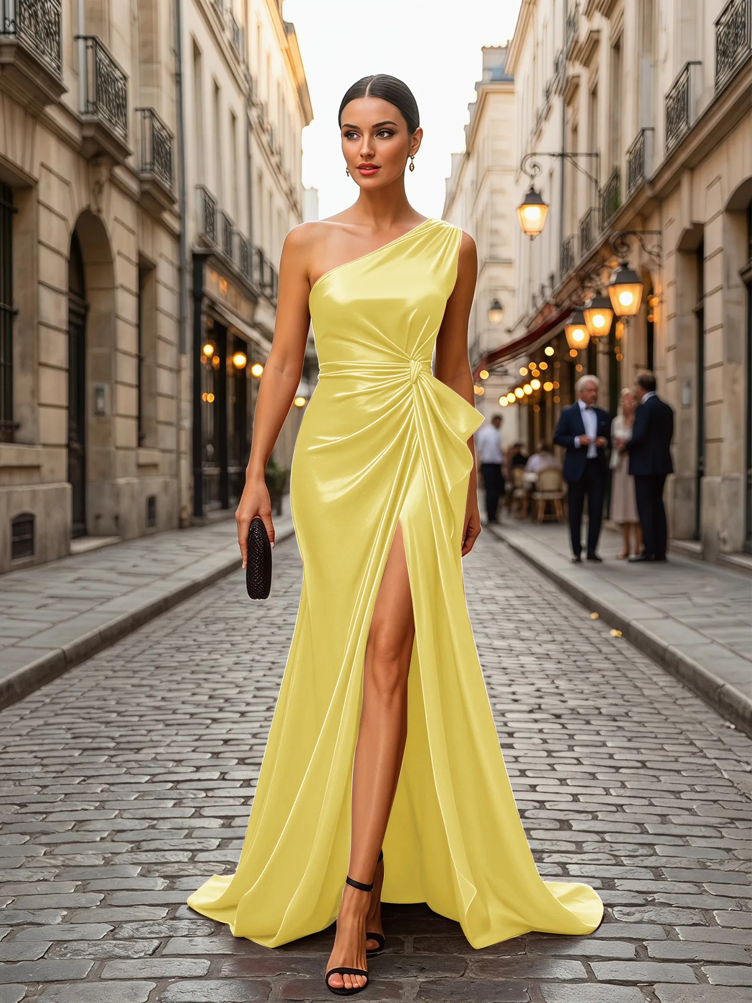 One-Shoulder Satin Gown with Waist Knot and Slit