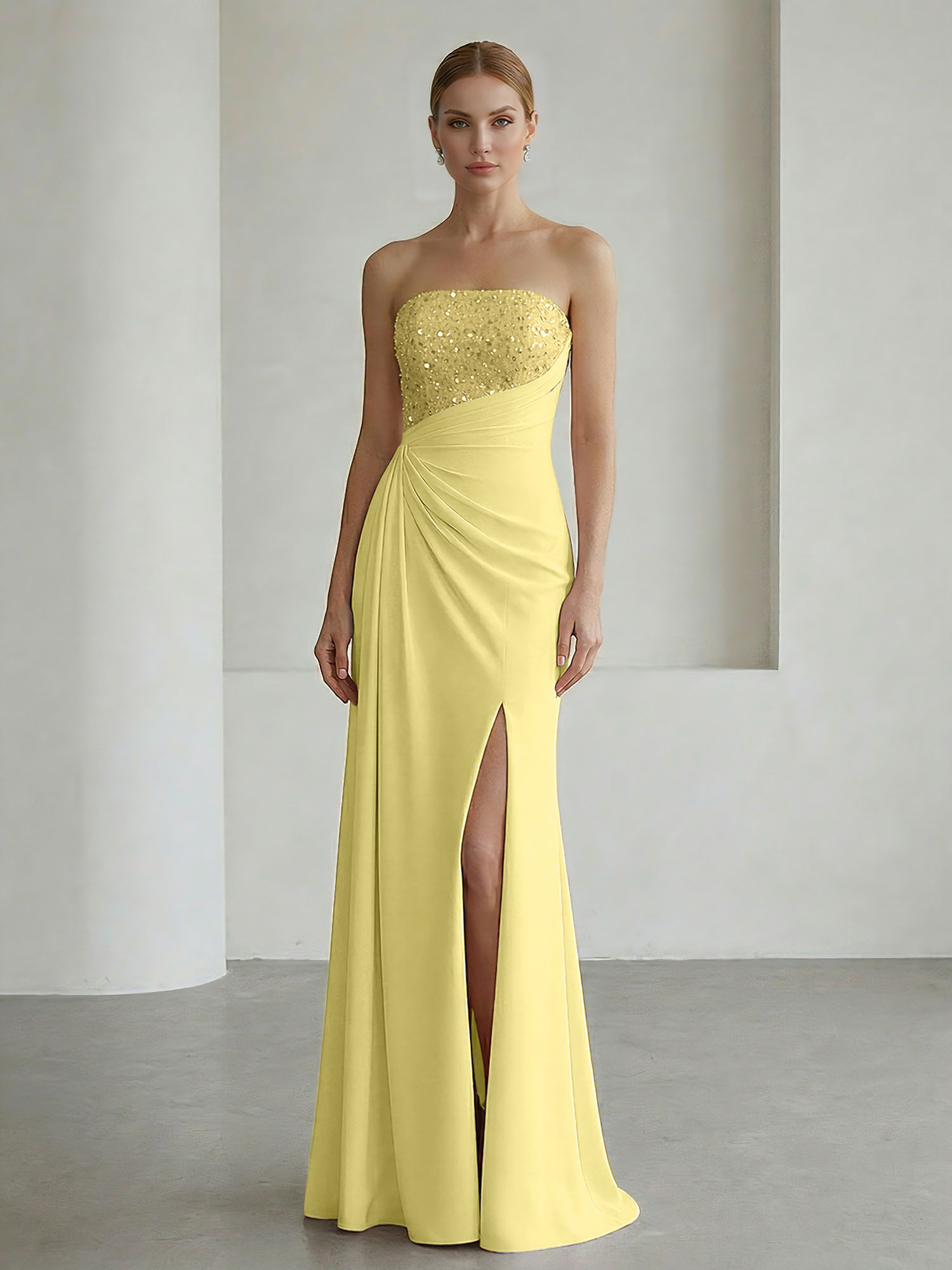 Glamorous Formal Evening Dress Soft Blush Beaded Strapless Slit Gown