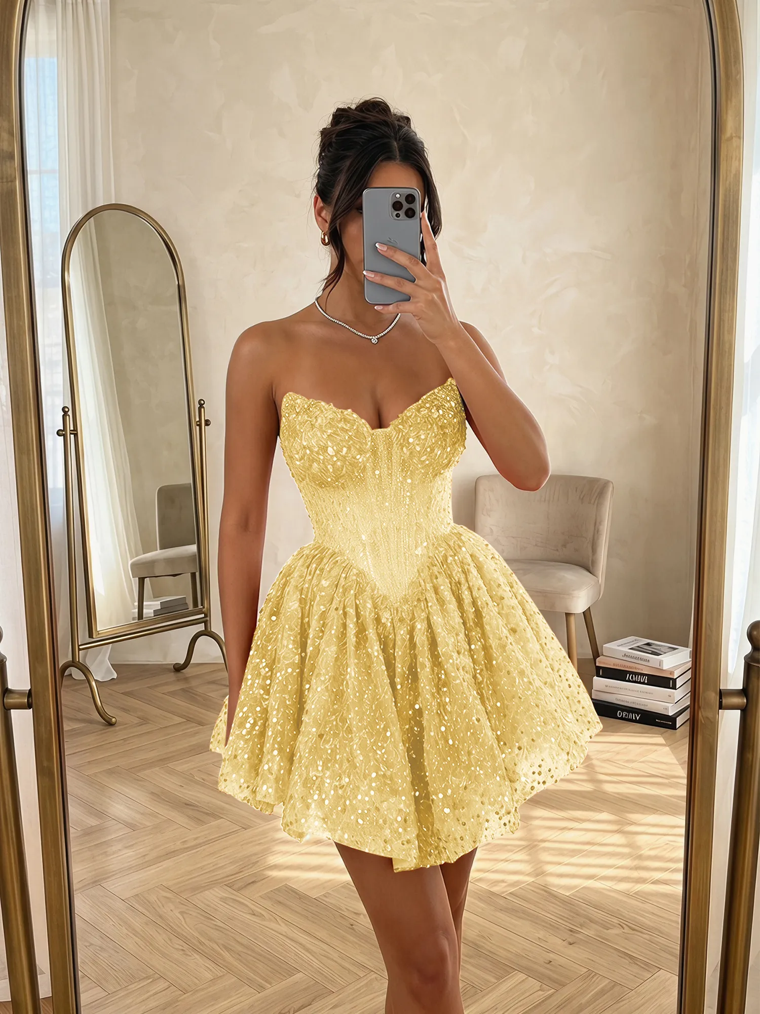 Strapless Sequin Pearl Corset Homecoming Dress with Lace-Up Back