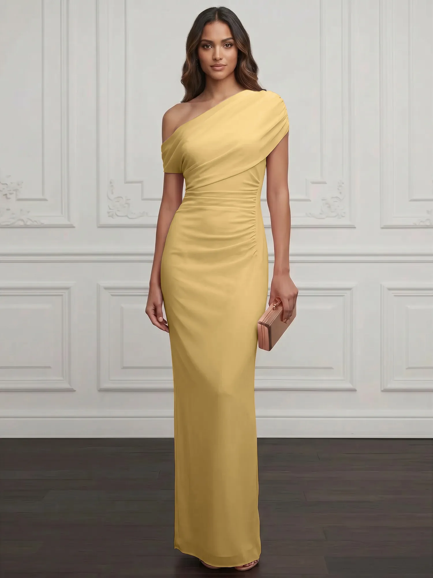 One-Shoulder Draped Chiffon Evening Gown