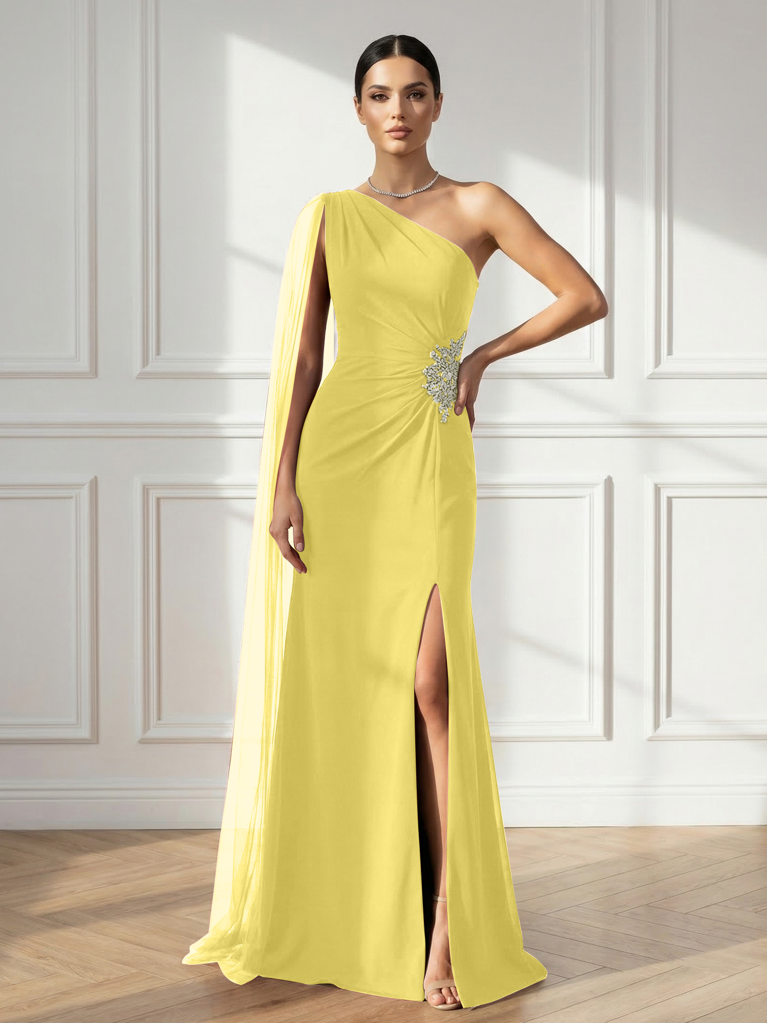 Formal Evening Dress Burgundy One Shoulder Slit Maxi Dress Gown