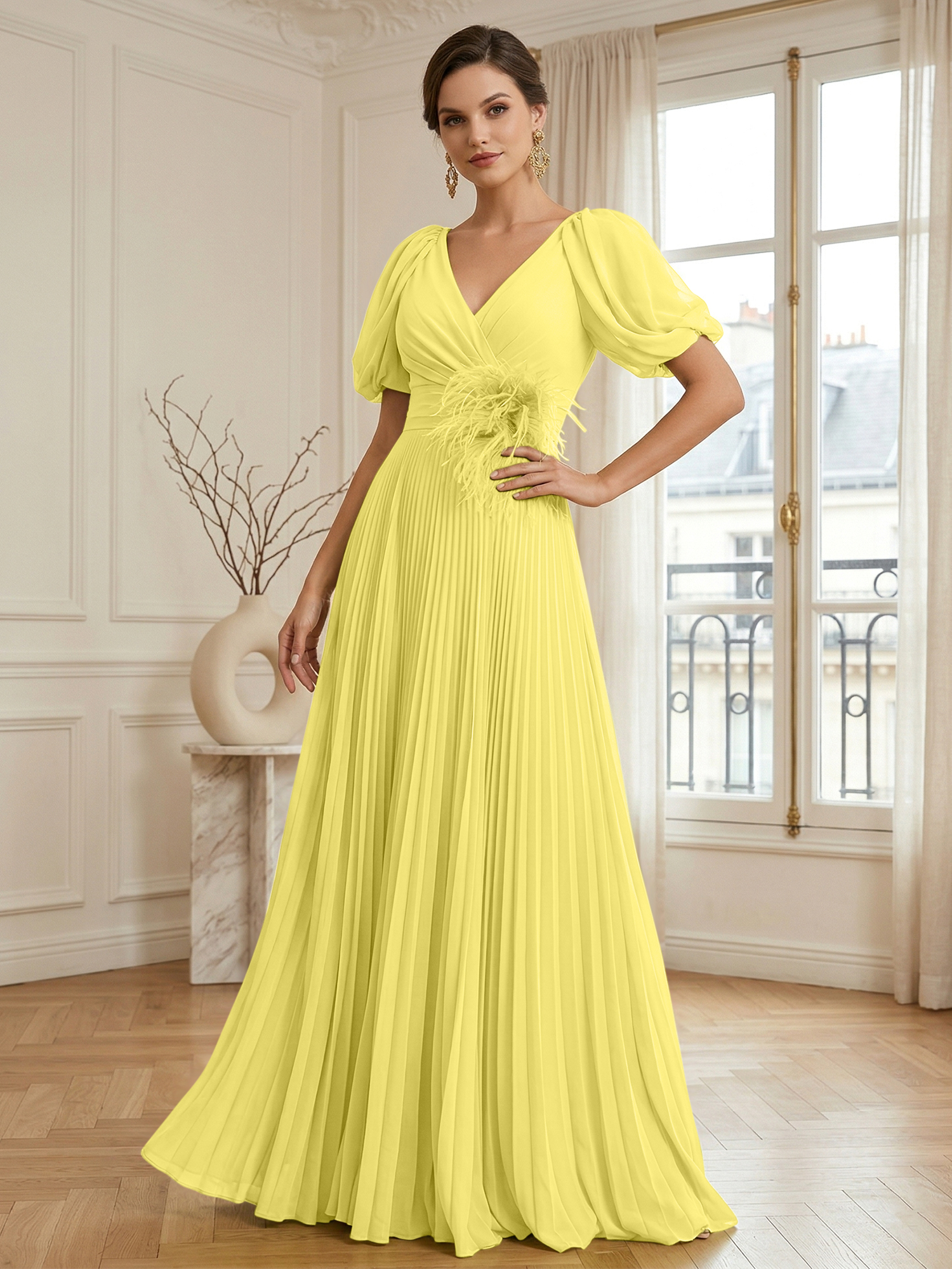 A-Line Chiffon Evening Gown with Feather V-Neck Short Sleeves Formal Dress