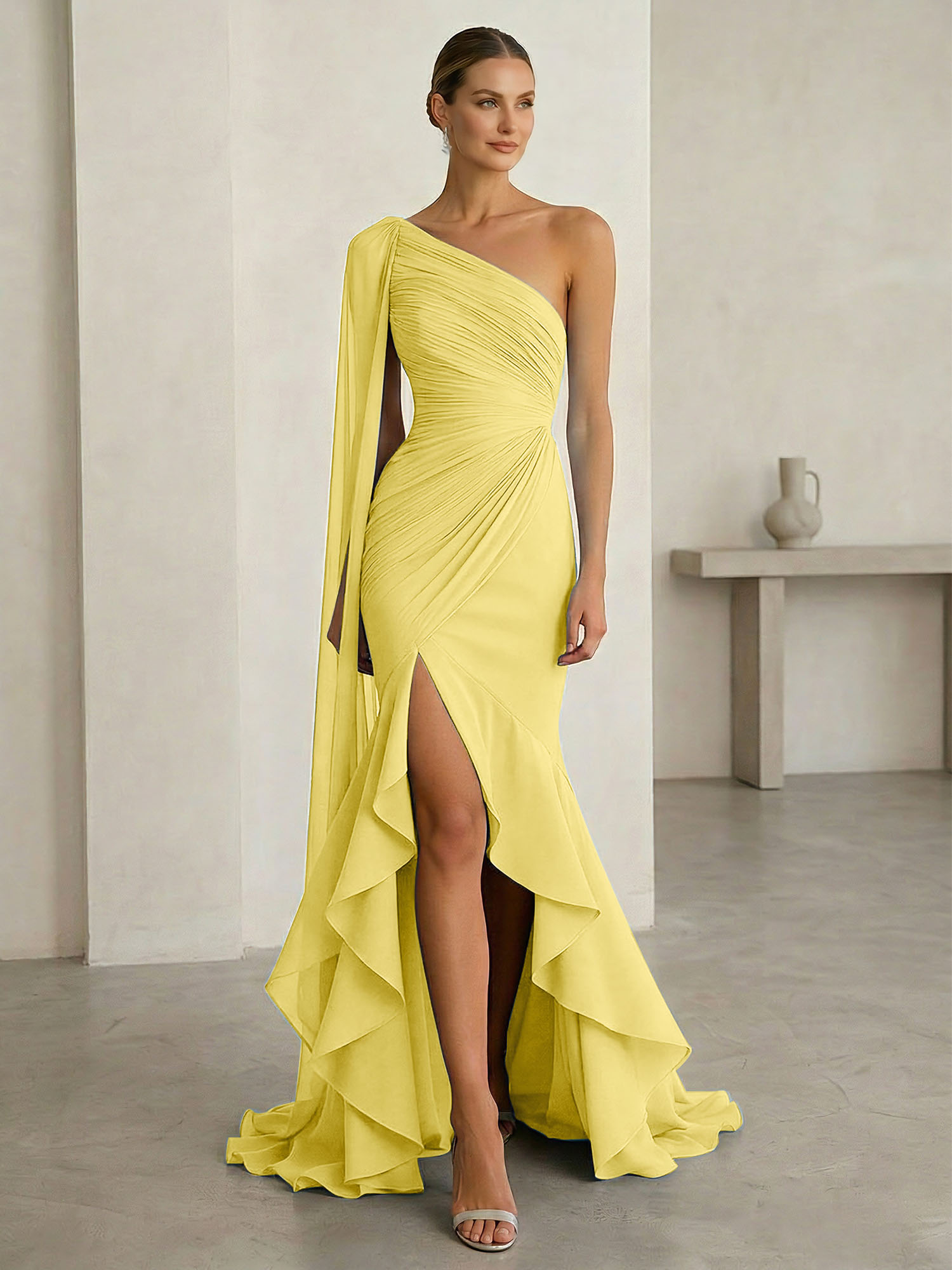 One-Shoulder Cape Sleeve Draped Mermaid Gown with Ruffle Hem