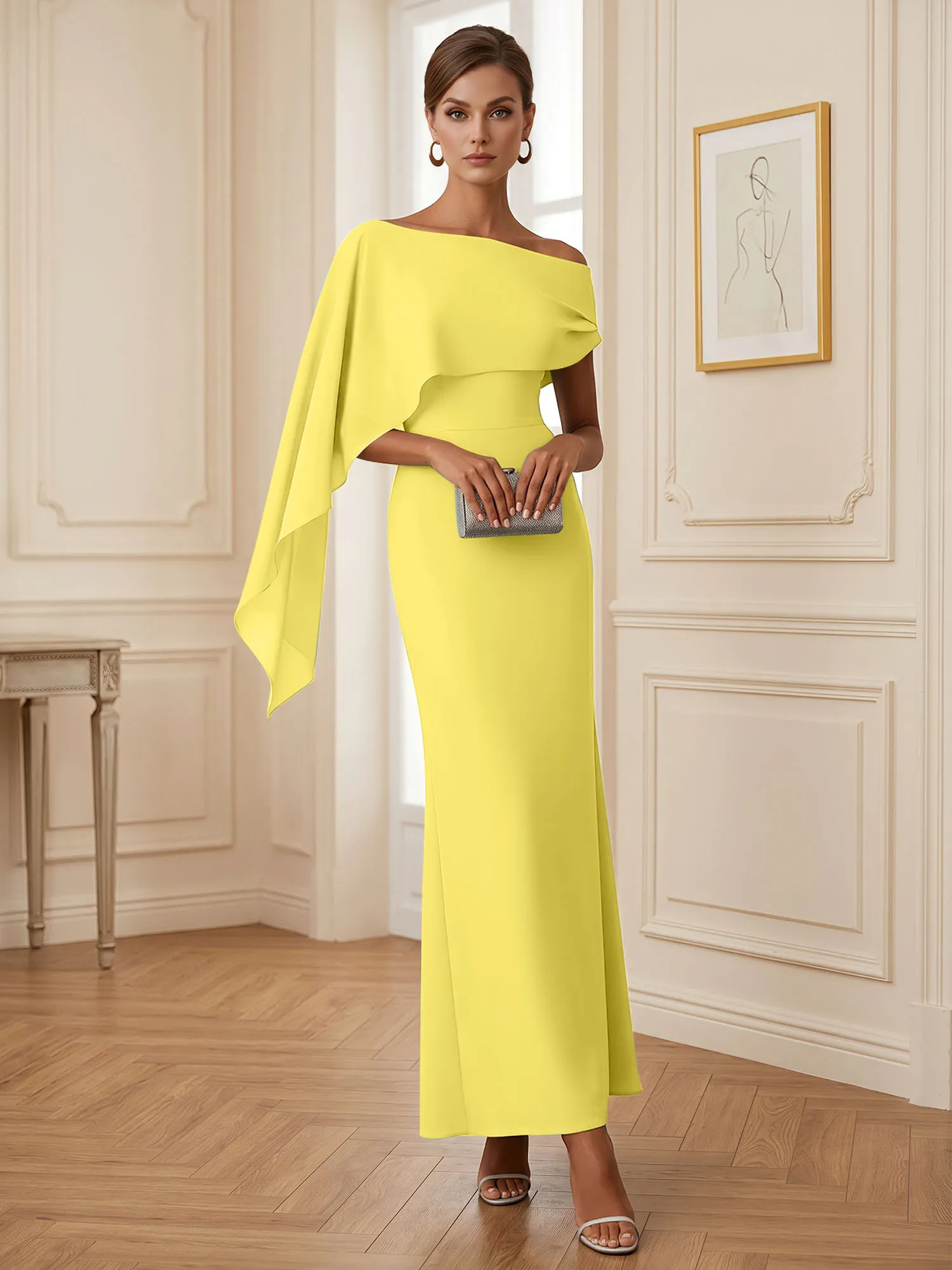 One-Shoulder Chiffon Overlay Mermaid Evening Gown