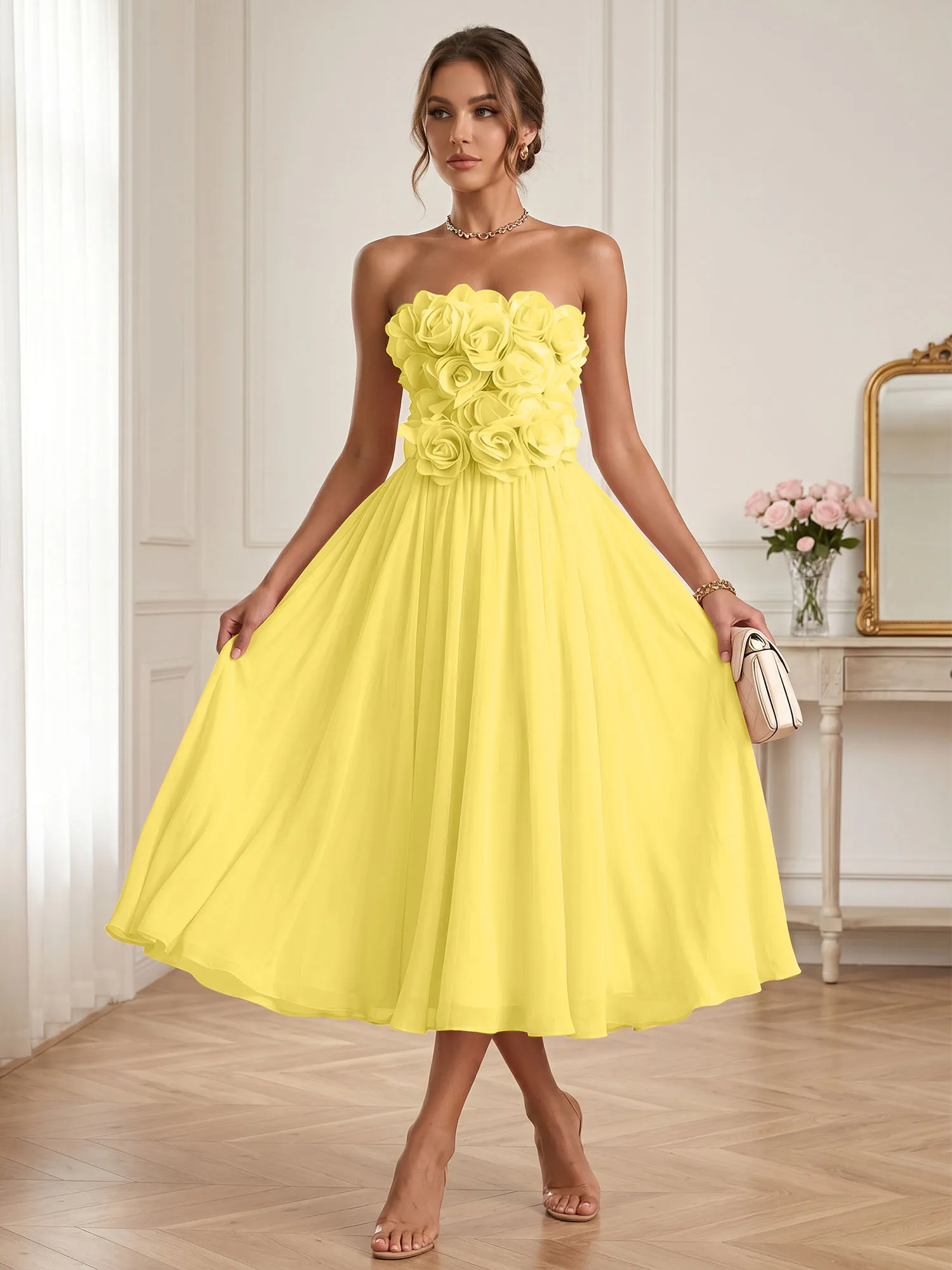 Strapless 3D Floral Chiffon A-Line Midi Formal Dress