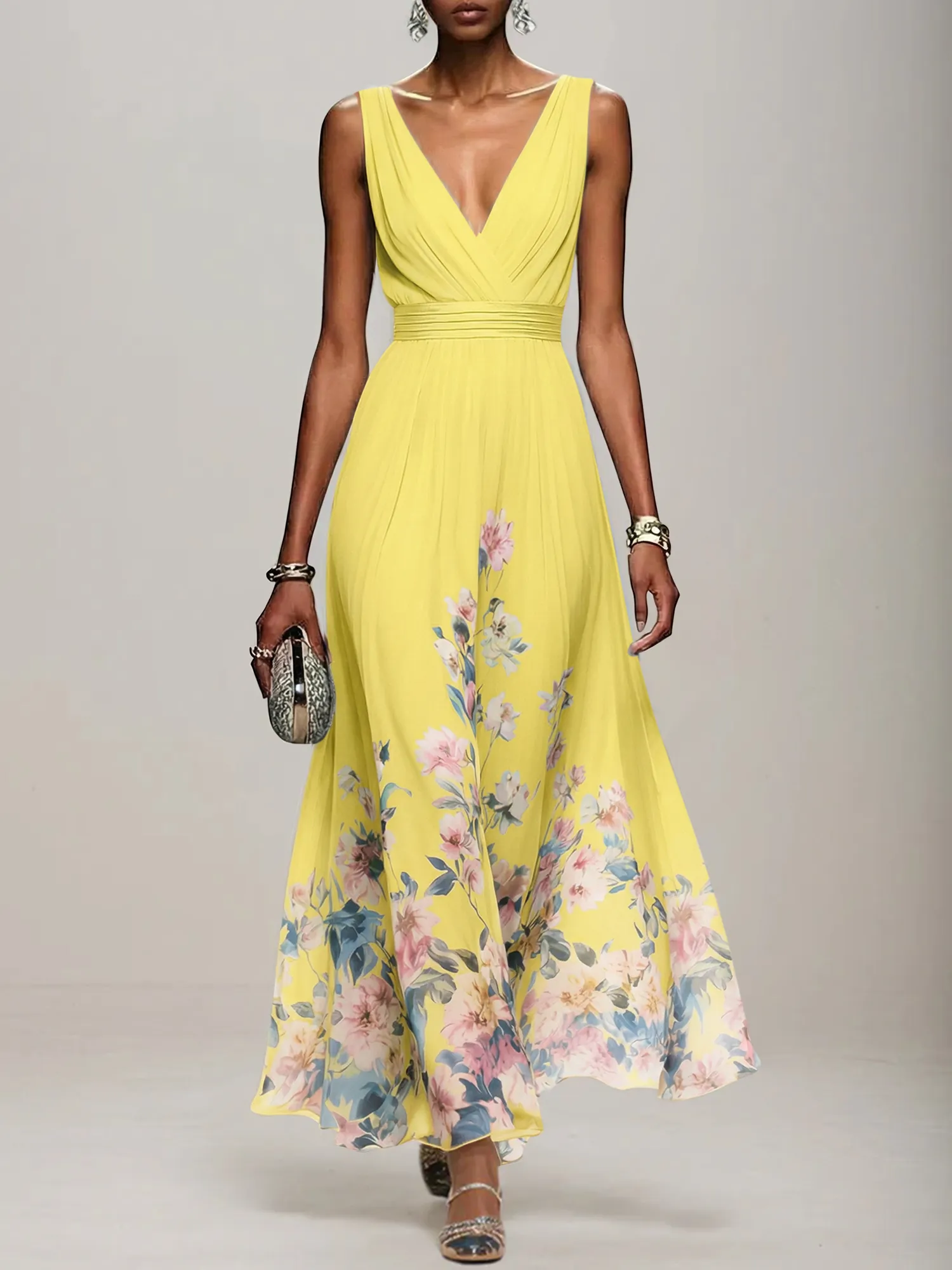 V-Neck Floral Print Chiffon Maxi Evening Dress with Satin Waist Bow