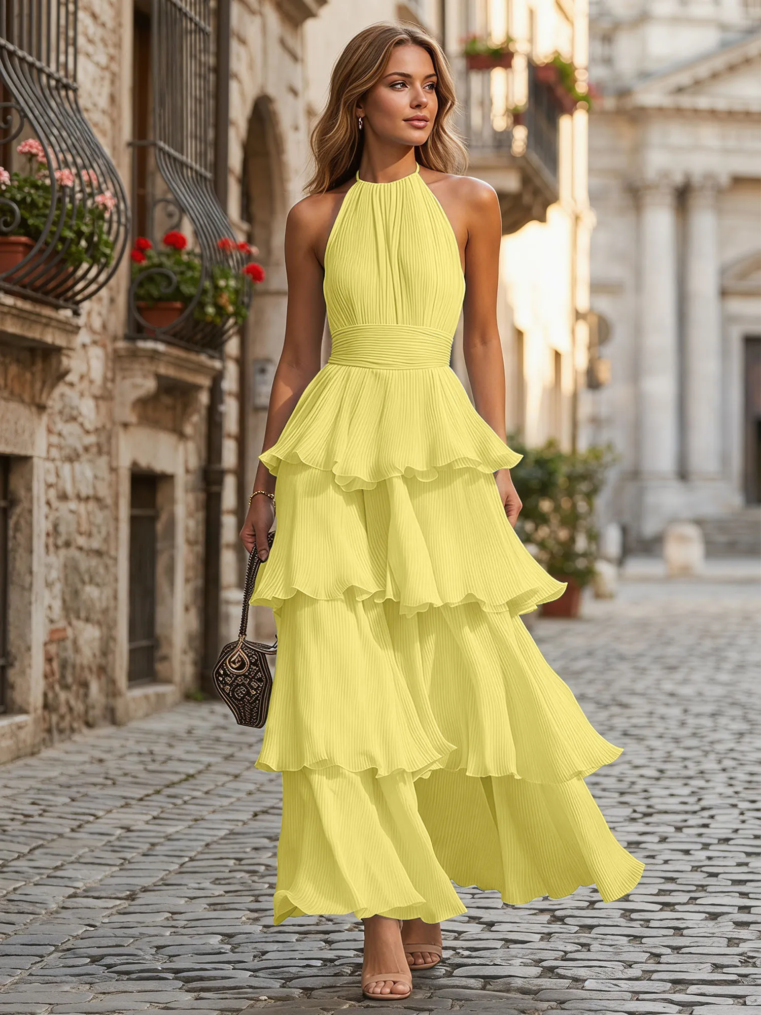 A Line Halter Neck Tiered Ruffle Chiffon Evening Dress