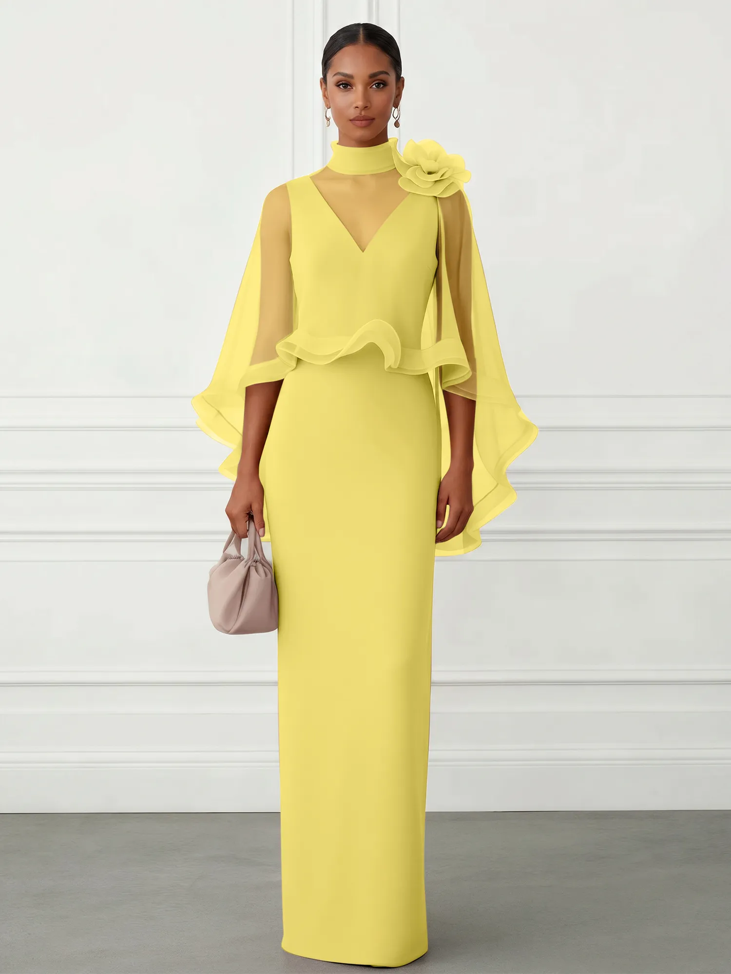 High-Neck Chiffon Cape Sleeve Sheath Evening Gown