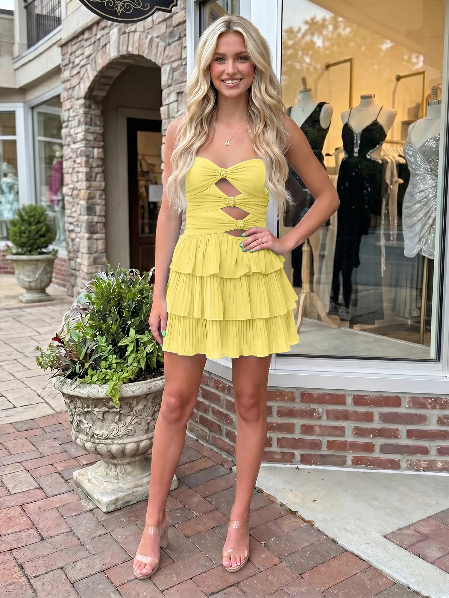 A Line Strapless Cutout Tiered Chiffon Homecoming Dress