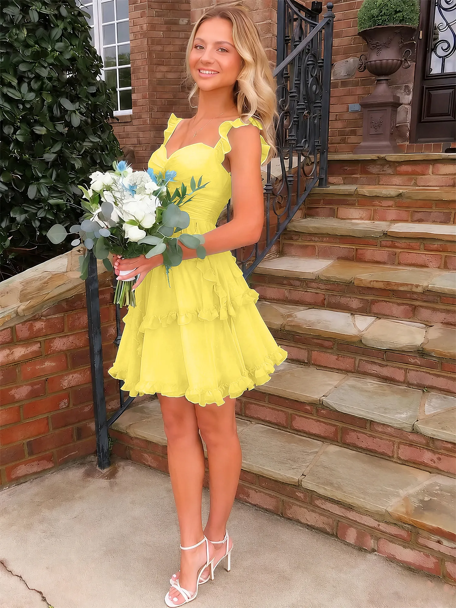 A Line Ruffled Tiered Chiffon Homecoming Dress with Lace-Up Back