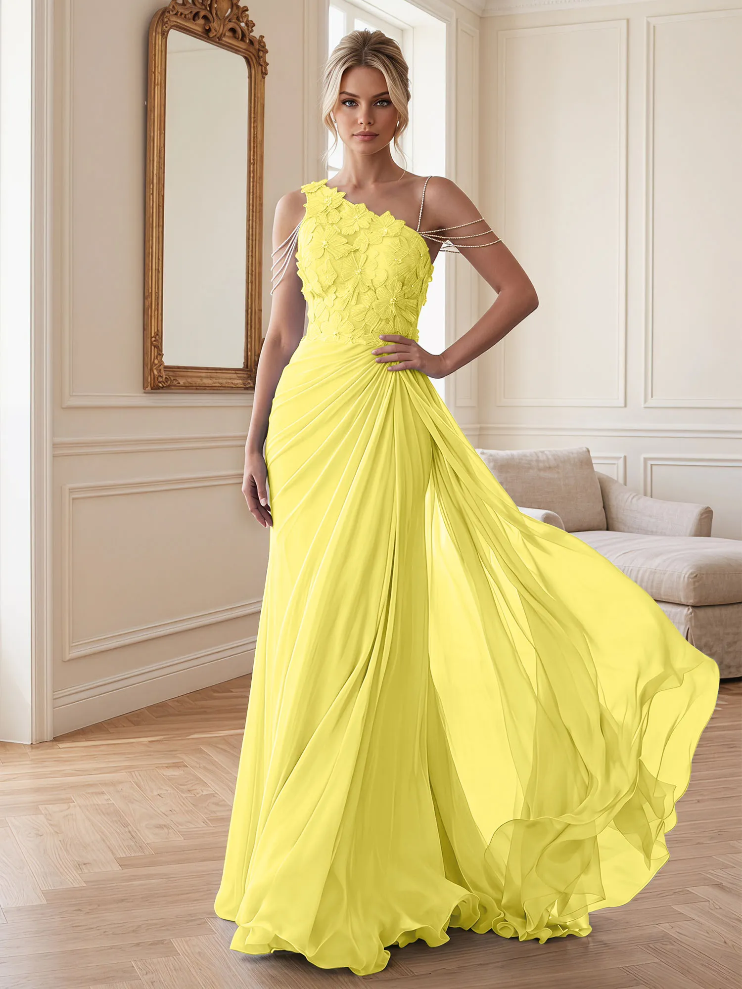 One-Shoulder Floral Lace Chiffon Evening Gown