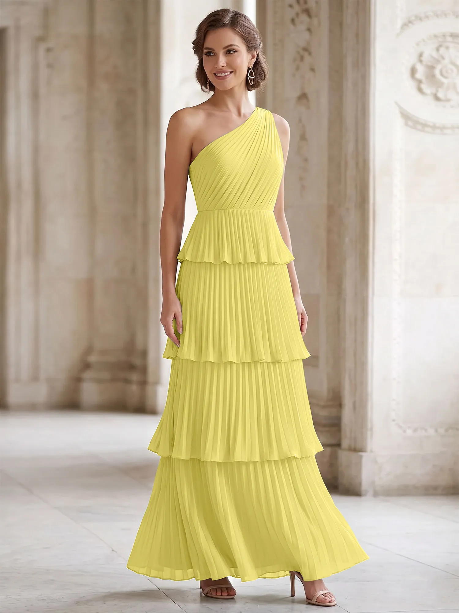 One-Shoulder Tiered Pleated Chiffon Evening Gown