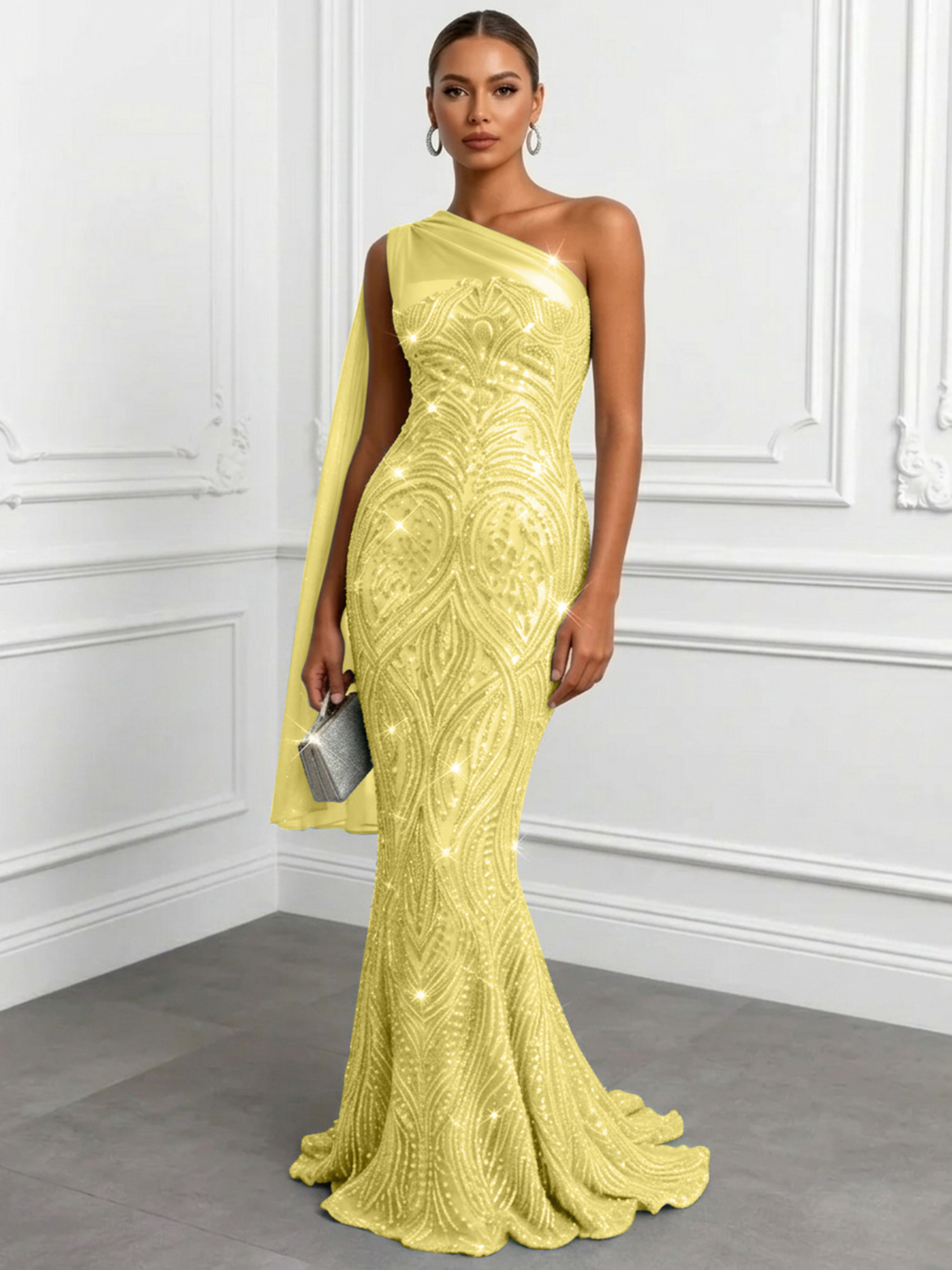 Shimmering Sage One-Shoulder Sequin Mermaid Evening Dress