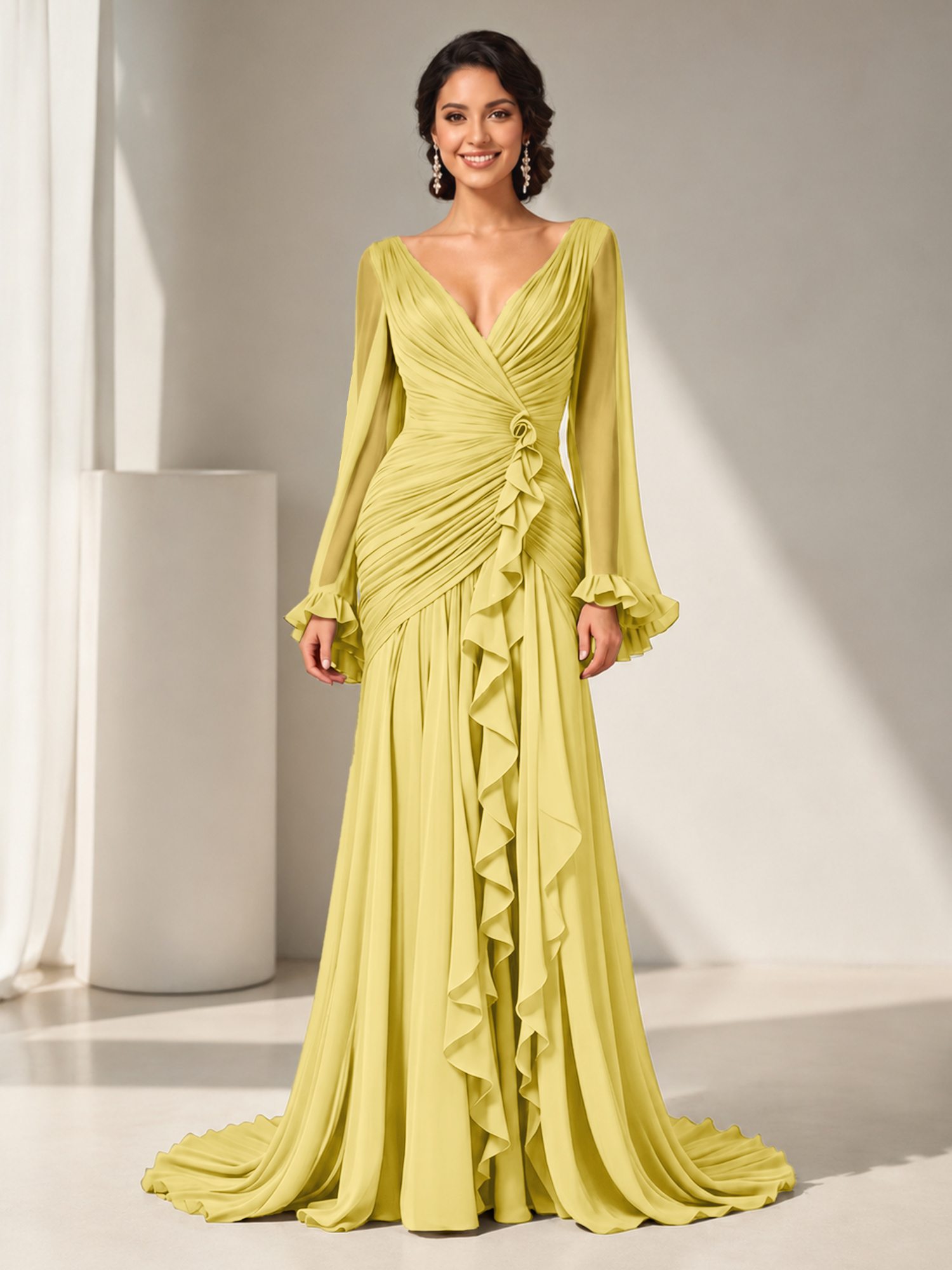 Grecian Olive Green Ruched Long-Sleeve Cascading Ruffle Formal Evening Dress