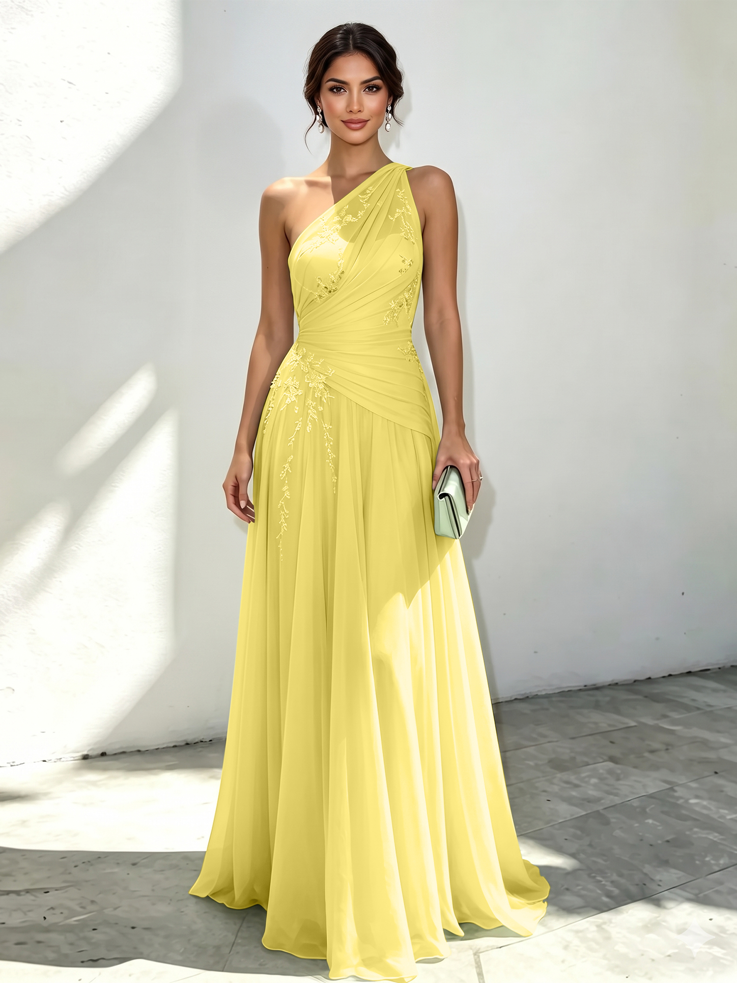 Ethereal Mint Green One-Shoulder Chiffon Evening Dress with Delicate Floral Embroidery
