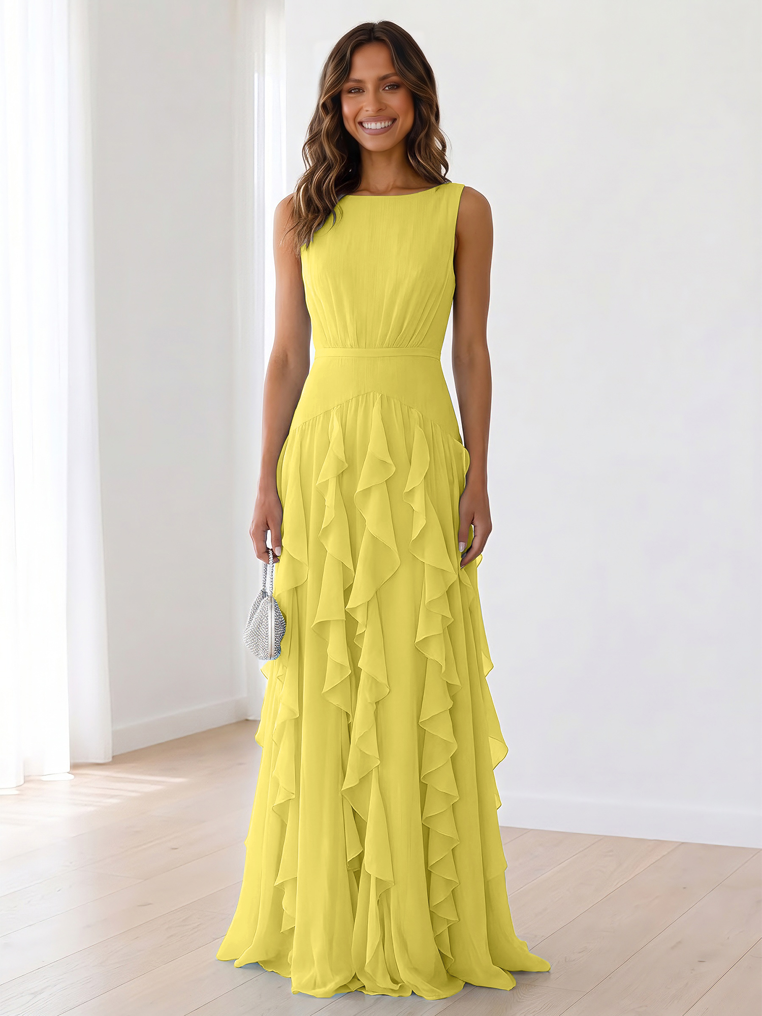Ethereal Powder Blue Cascading Ruffle Maxi Formal Evening Dress