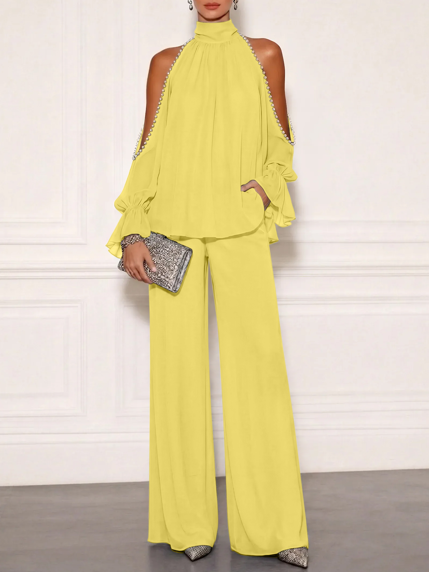 Sophisticated Embellished Cold Shoulder Formal Evening Jumpsuit
