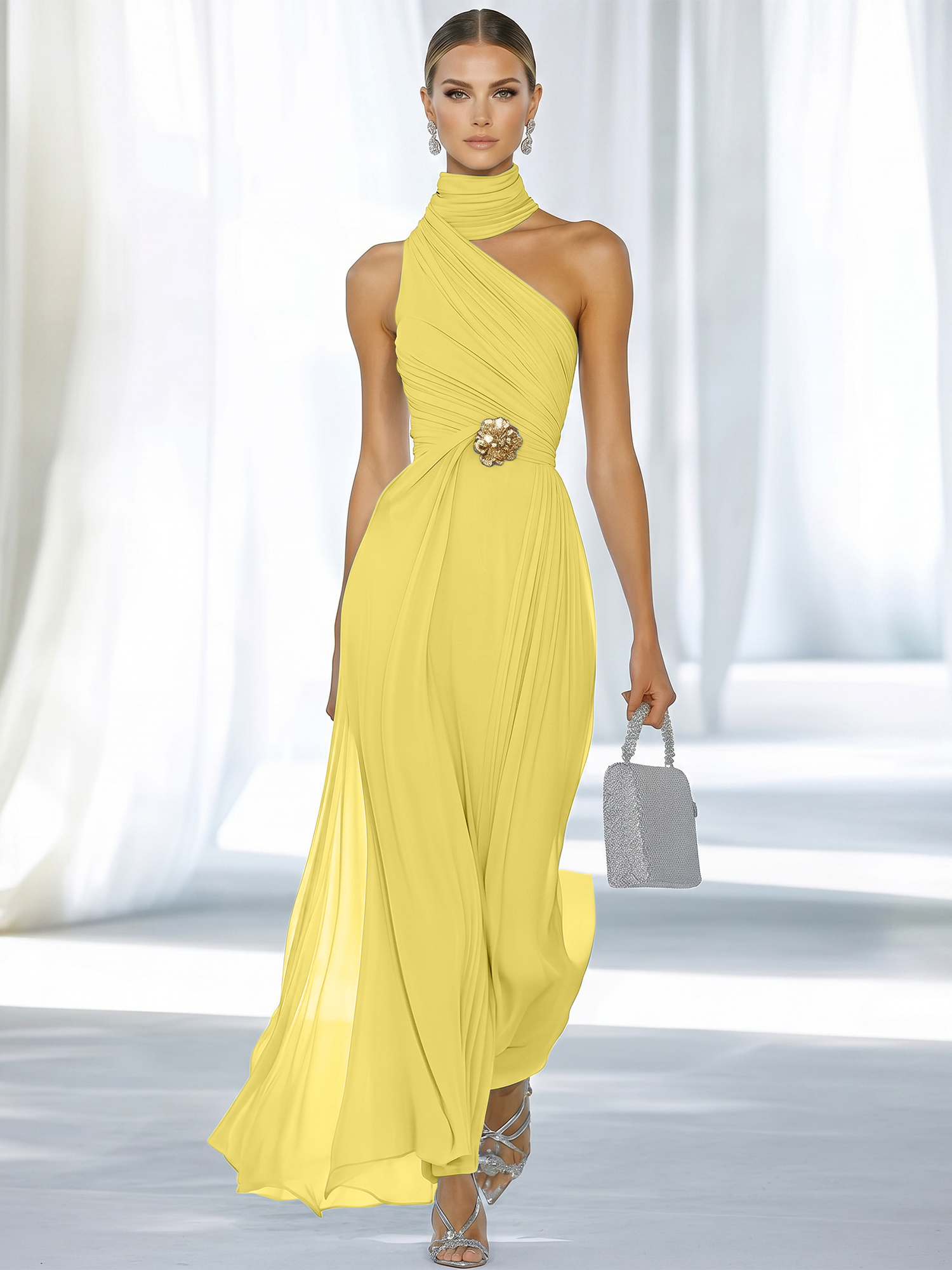 Sky Blue Pleated Chiffon Halter Strapless Formal Evening Dress