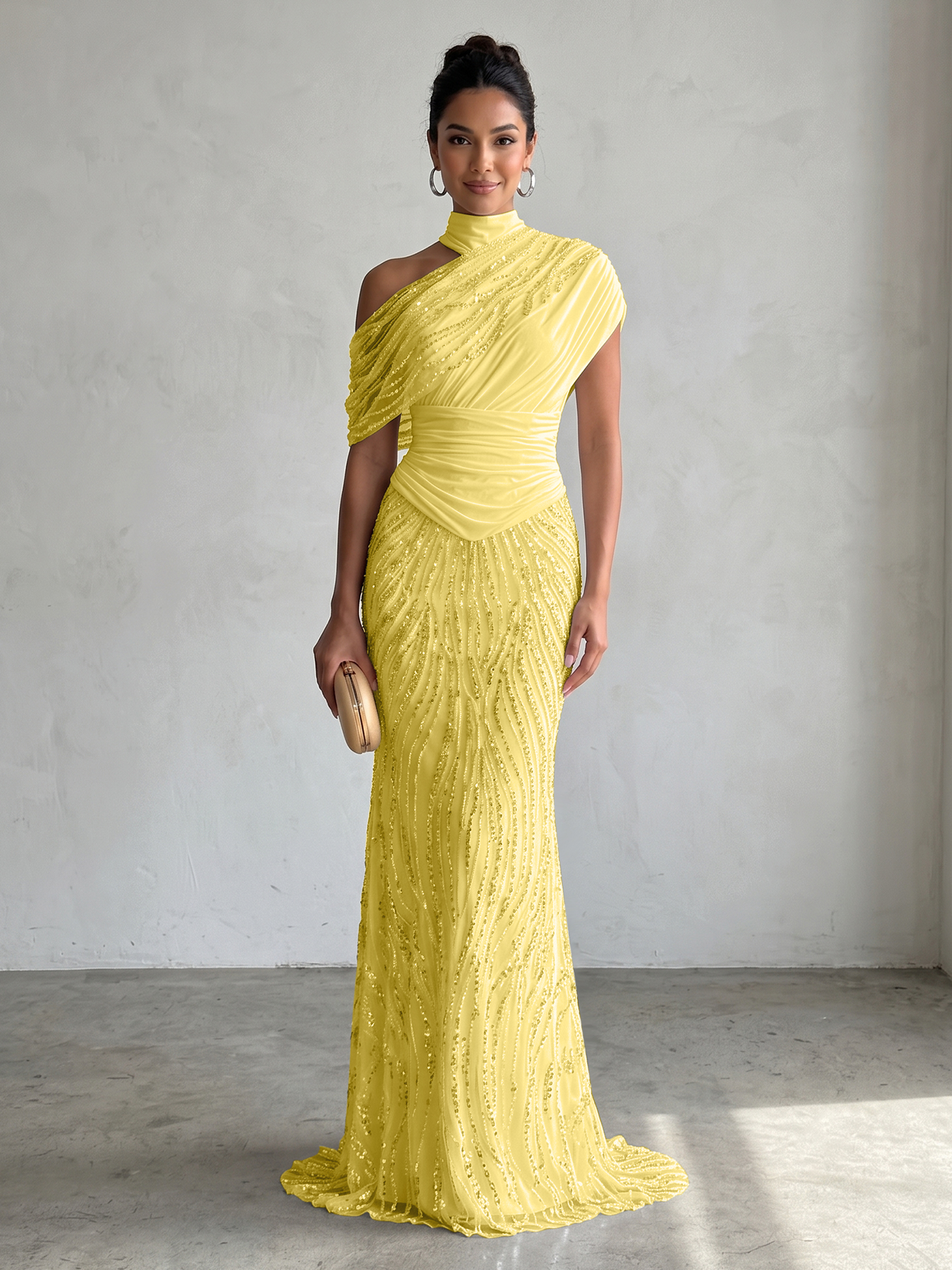 Ethereal White Beaded High-Neck Draped Sheath Formal Evening Dress