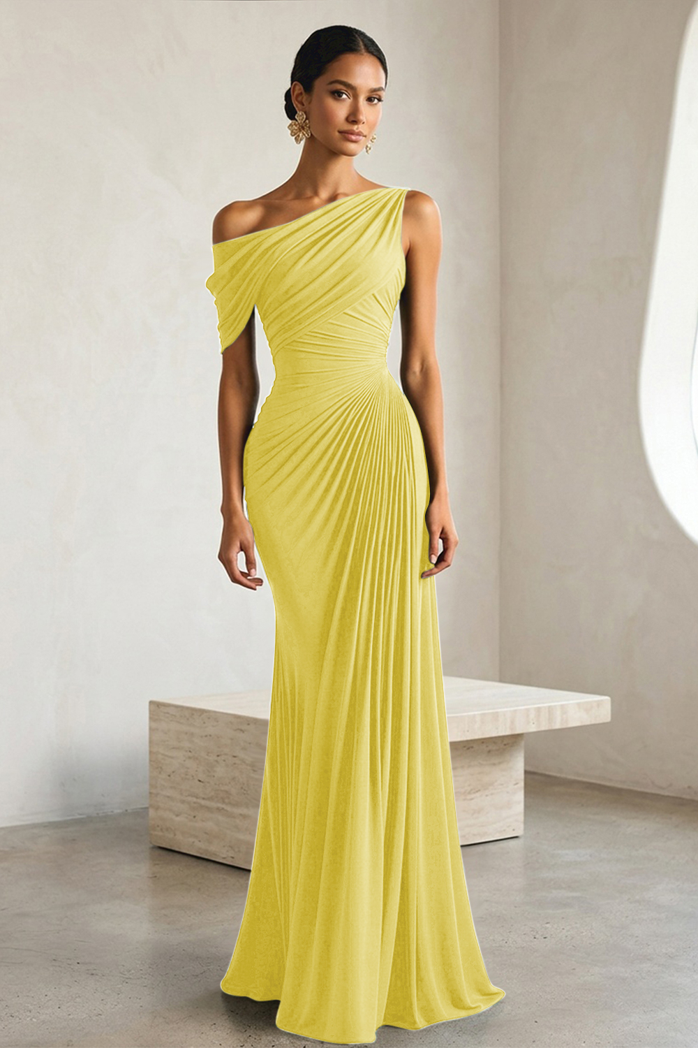 Timeless Black Architectural One-Shoulder Sheath Evening Gown