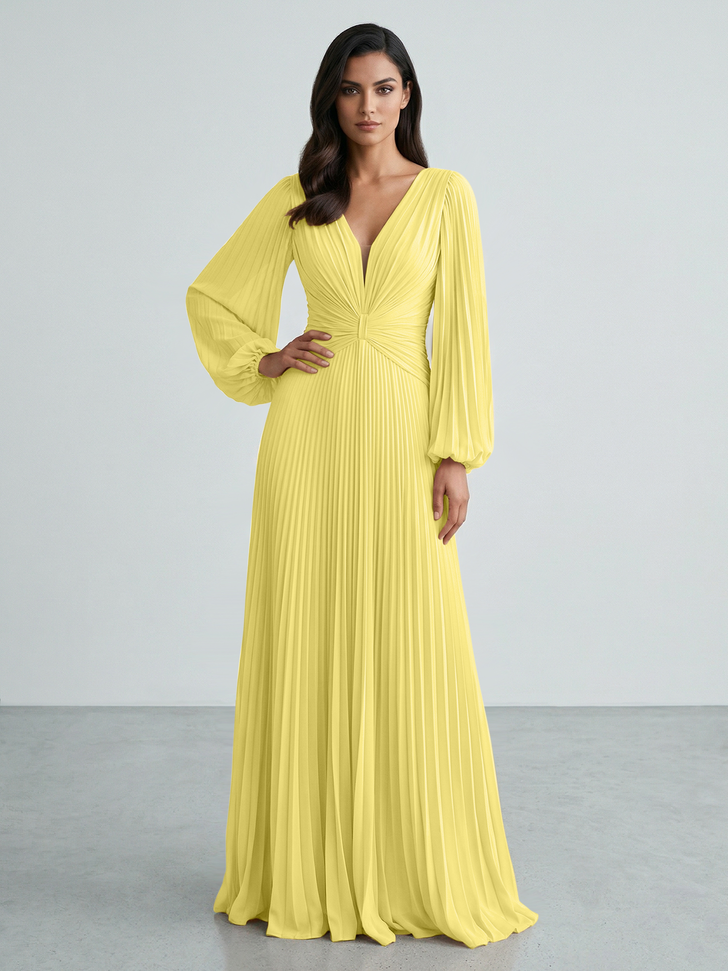 Slate Blue Plunging V-Neck Pleated Long Sleeve Maxi Dress Gown