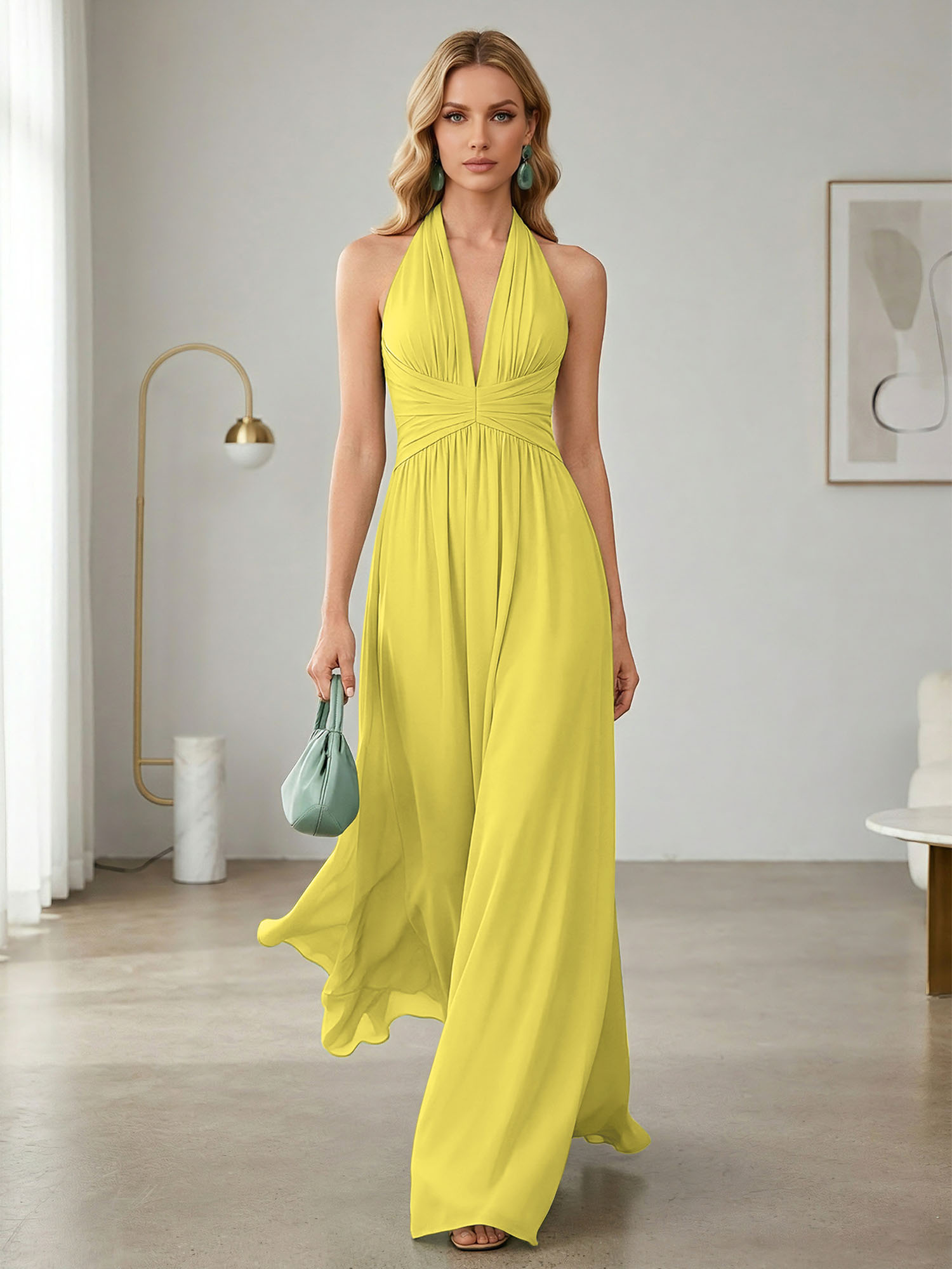 Elegant Sage Green Halter Chiffon Maxi Gown