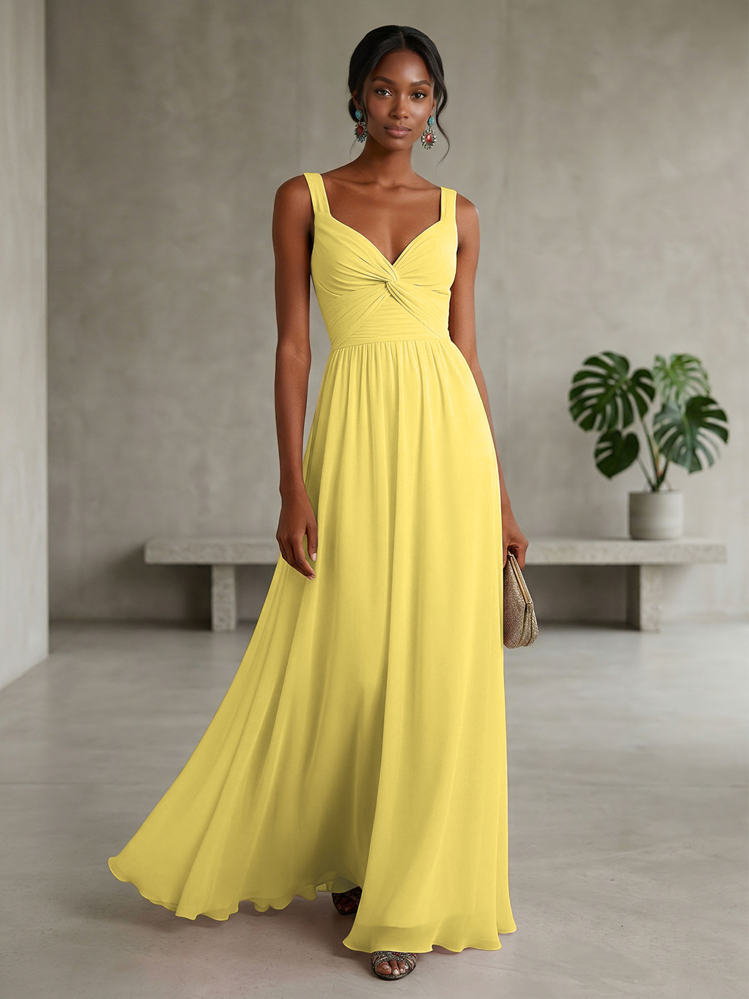 Elegant Soft Blush Twist-Front Chiffon Maxi Gown