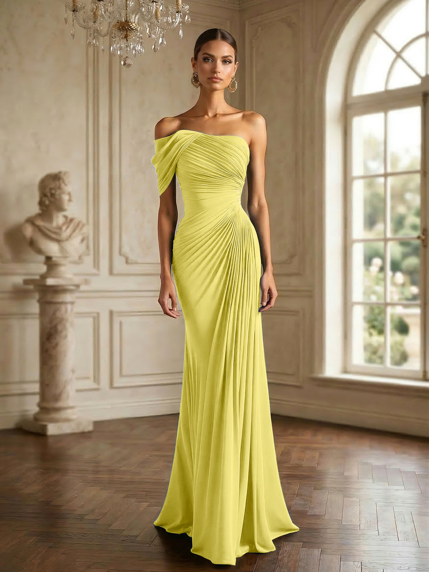 One Shoulder Pleat Mermaid Chiffon Evening Dresses for Women Gown