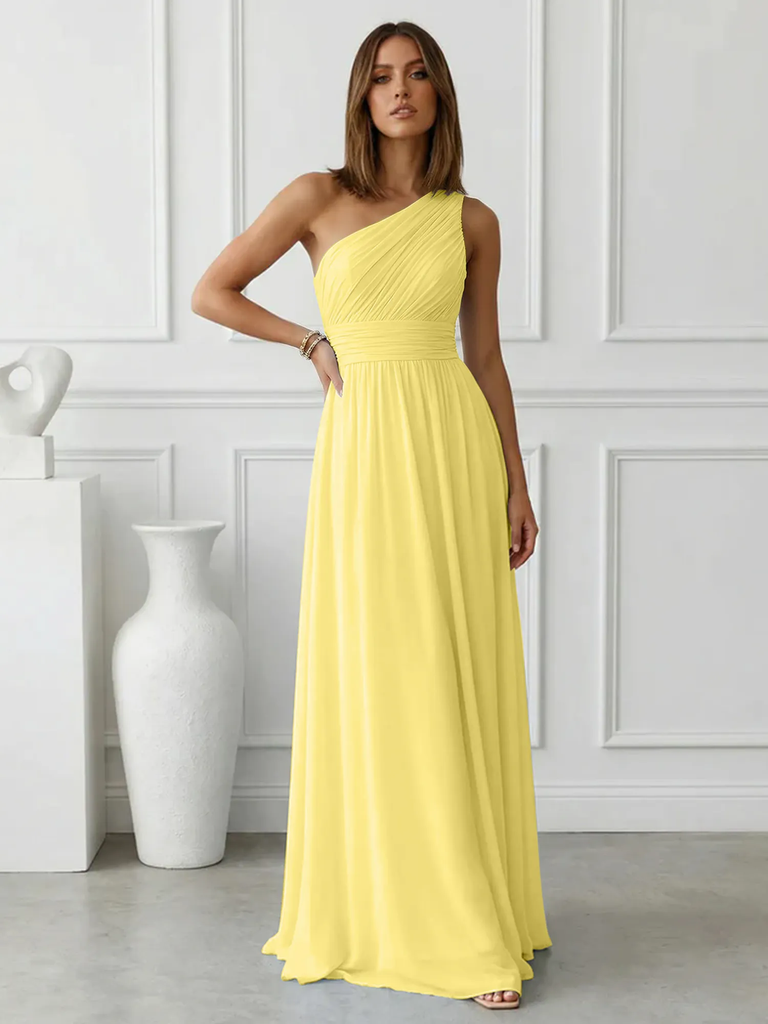 One-Shoulder Pleated Chiffon A-Line Evening Dress