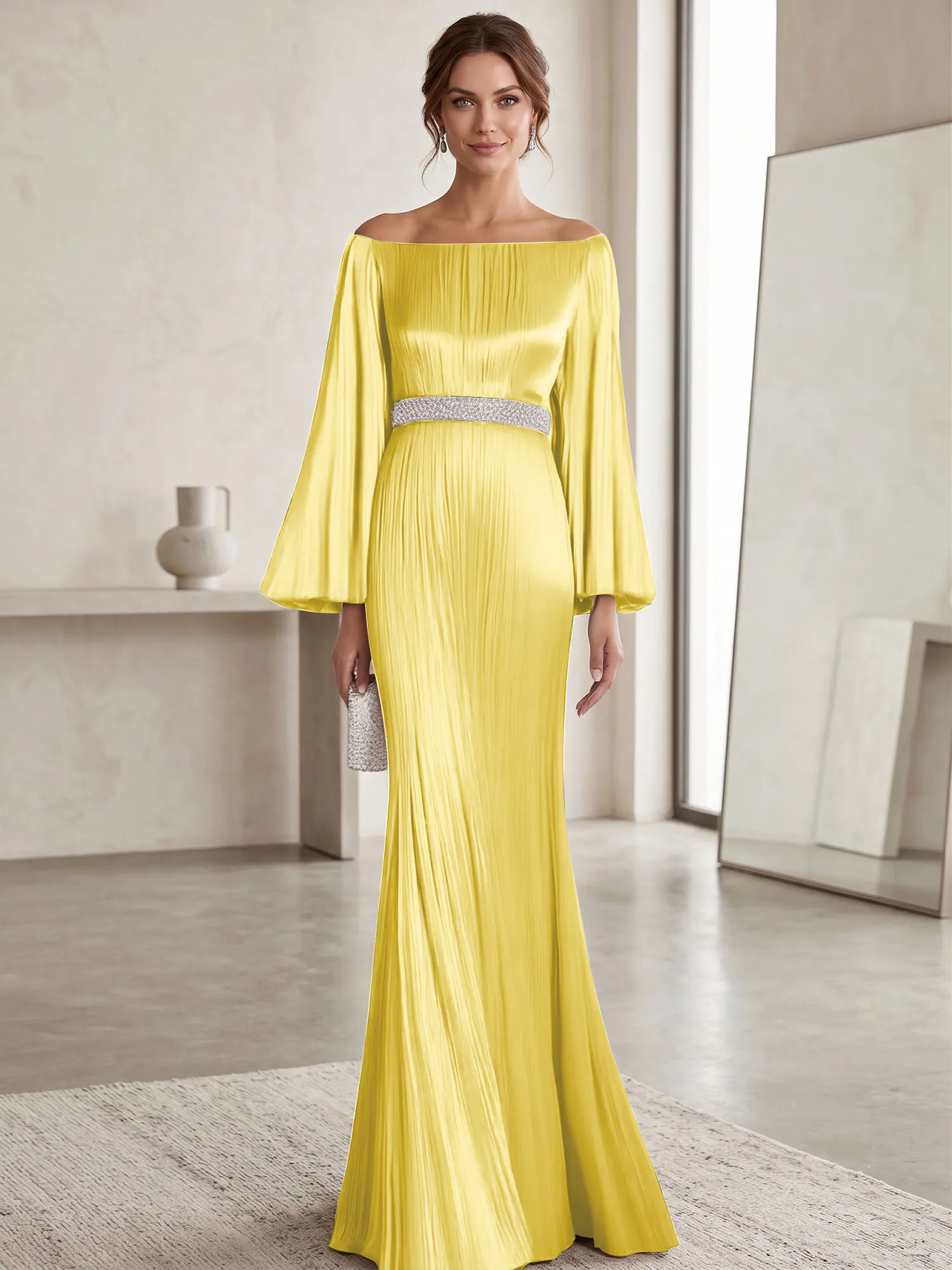 Off-the-Shoulder Pleated Satin Evening Gown with Beaded Waistband