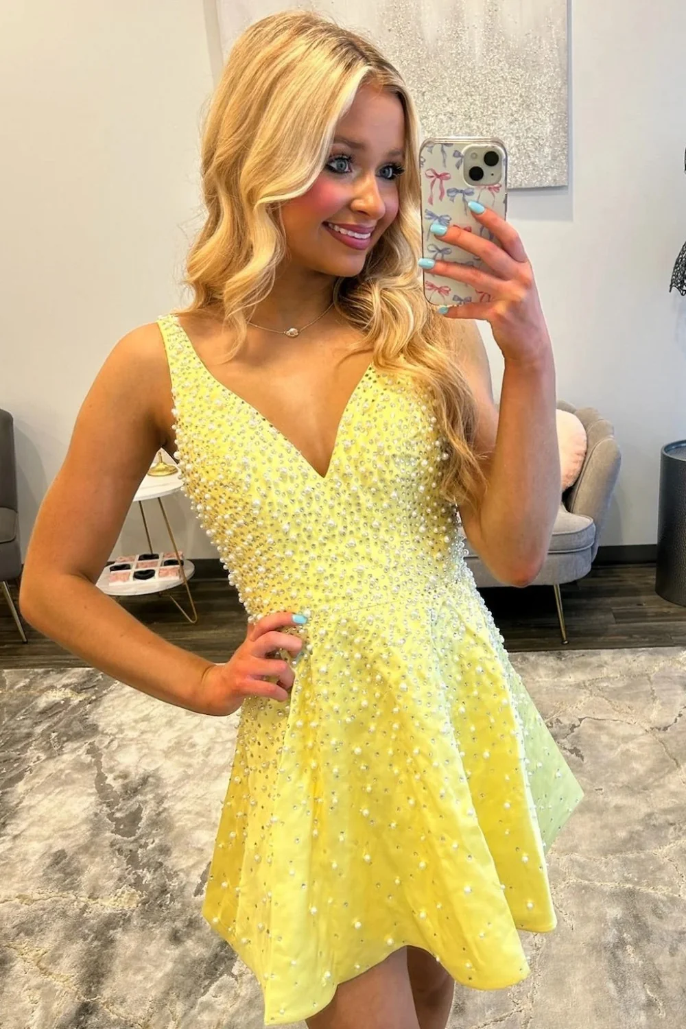 Luminous Yellow Pearl V-Neck A-Line Homecoming Dress 