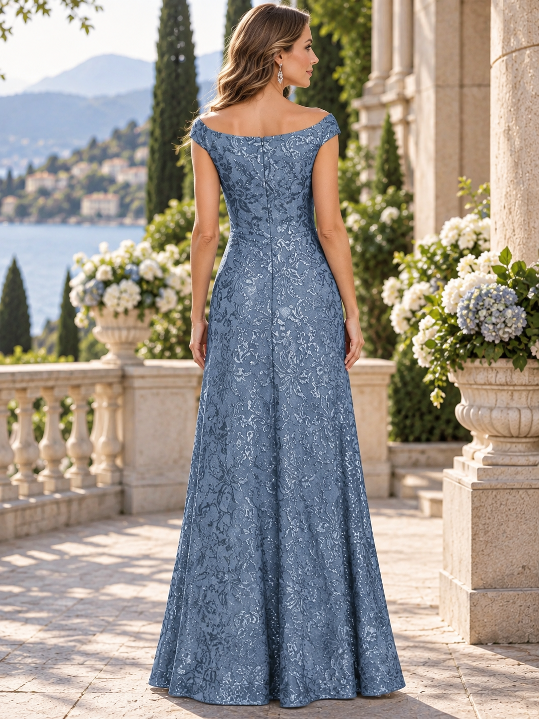 Dusty Blue Off-The-Shoulder Floral Jacquard Sheath Mother of the Bride & Groom Dresses 