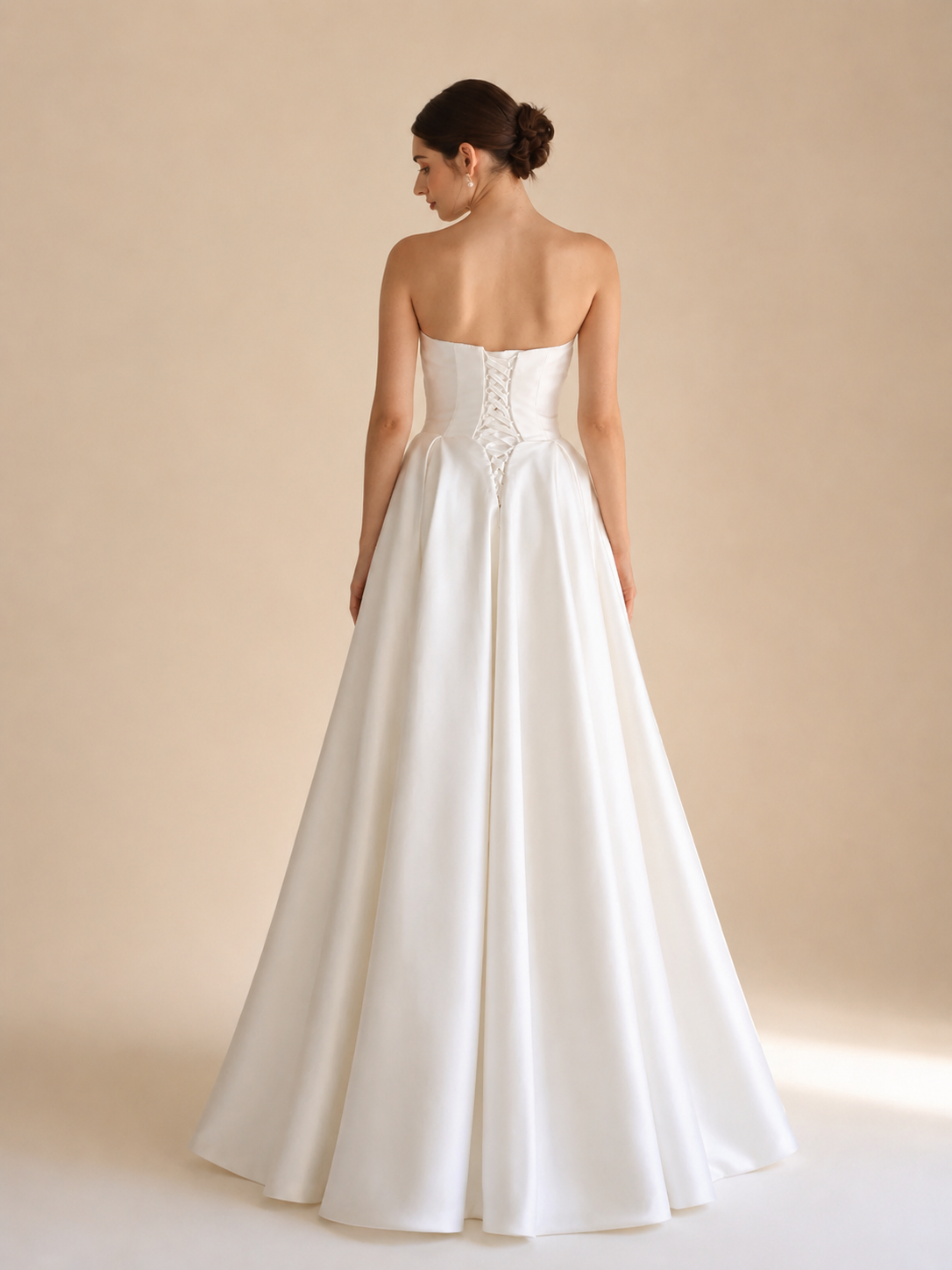 White Strapless Beaded Corset Satin A-Line Wedding Dress 