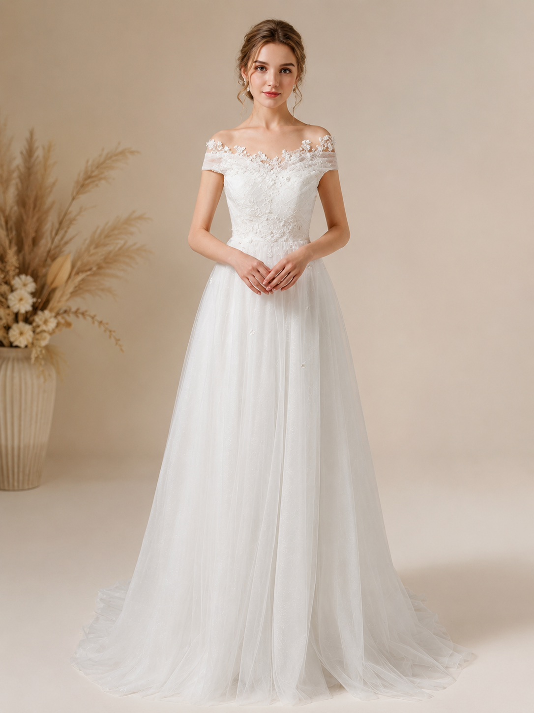 White Off-the-Shoulder Sweetheart Tulle Lace A-Line Maxi Wedding Dress 