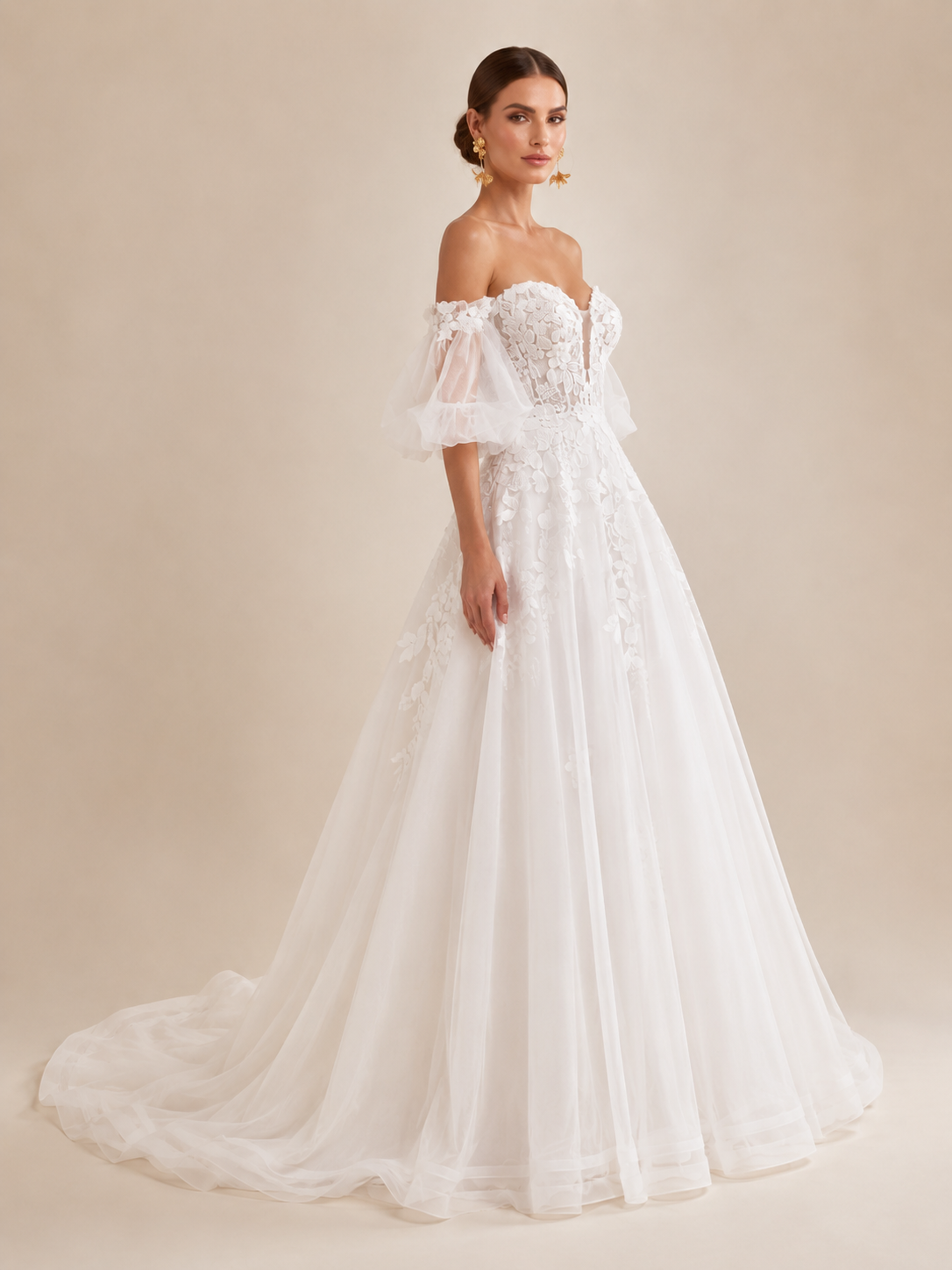 White Off-the-Shoulder Puff-Sleeve Lace Appliqué A-Line Wedding Dress 